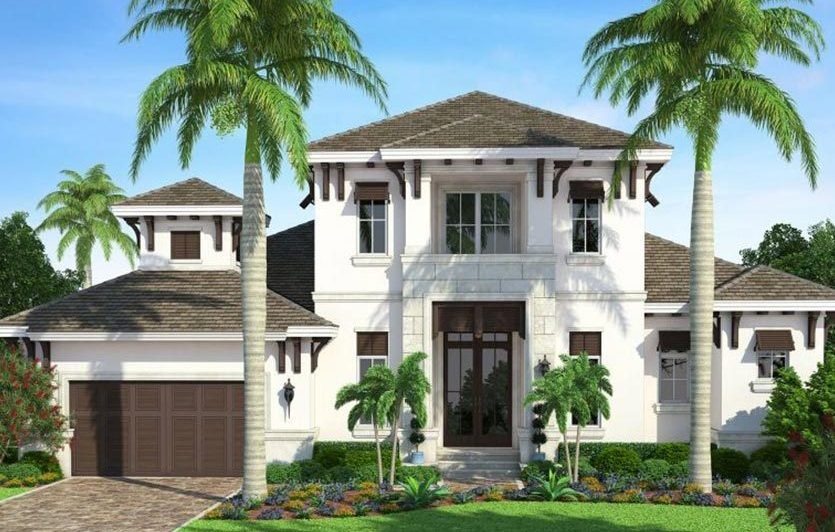 Modern two-story home exterior featuring a combination of white stucco and stone accents, surrounded by lush landscaping and palm trees, showcasing a stylish entrance with large windows and a welcoming front porch.