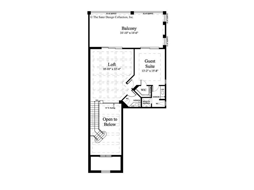 Detailed floor plan layout featuring a loft, guest suite, and balcony dimensions. The loft measures 18'10" x 22'4", while the guest suite is 13'2" x 15'8". Includes labeled areas such as walk-in closet (WIC) and open space design.