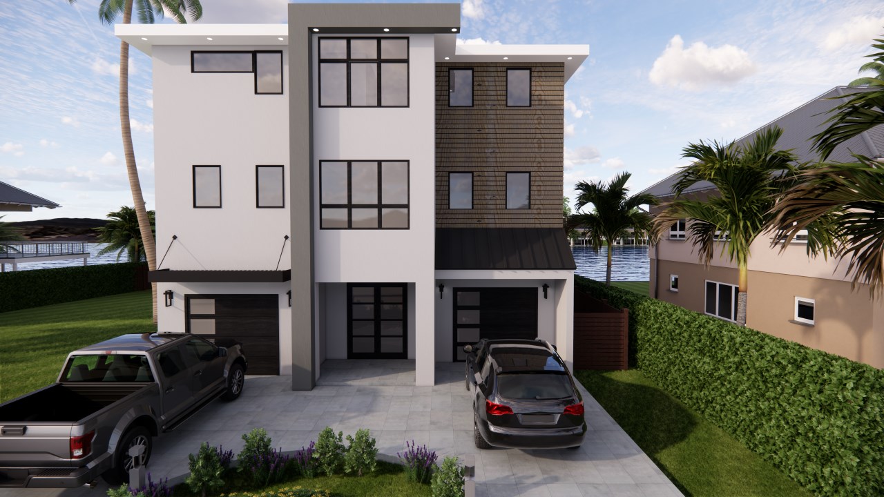 architectural rendering of a modern coastal duplex with white and wood facade, black frame windows, two car garages, and tropical landscaping
