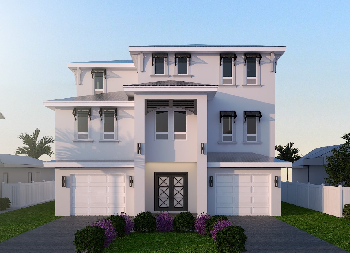 Modern two-story house with a white exterior, featuring a central entrance, large windows, and three garage doors, surrounded by landscaped greenery and purple flowering plants.