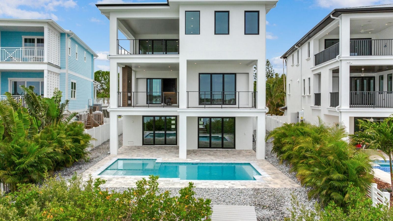 a home with a pool in front of it