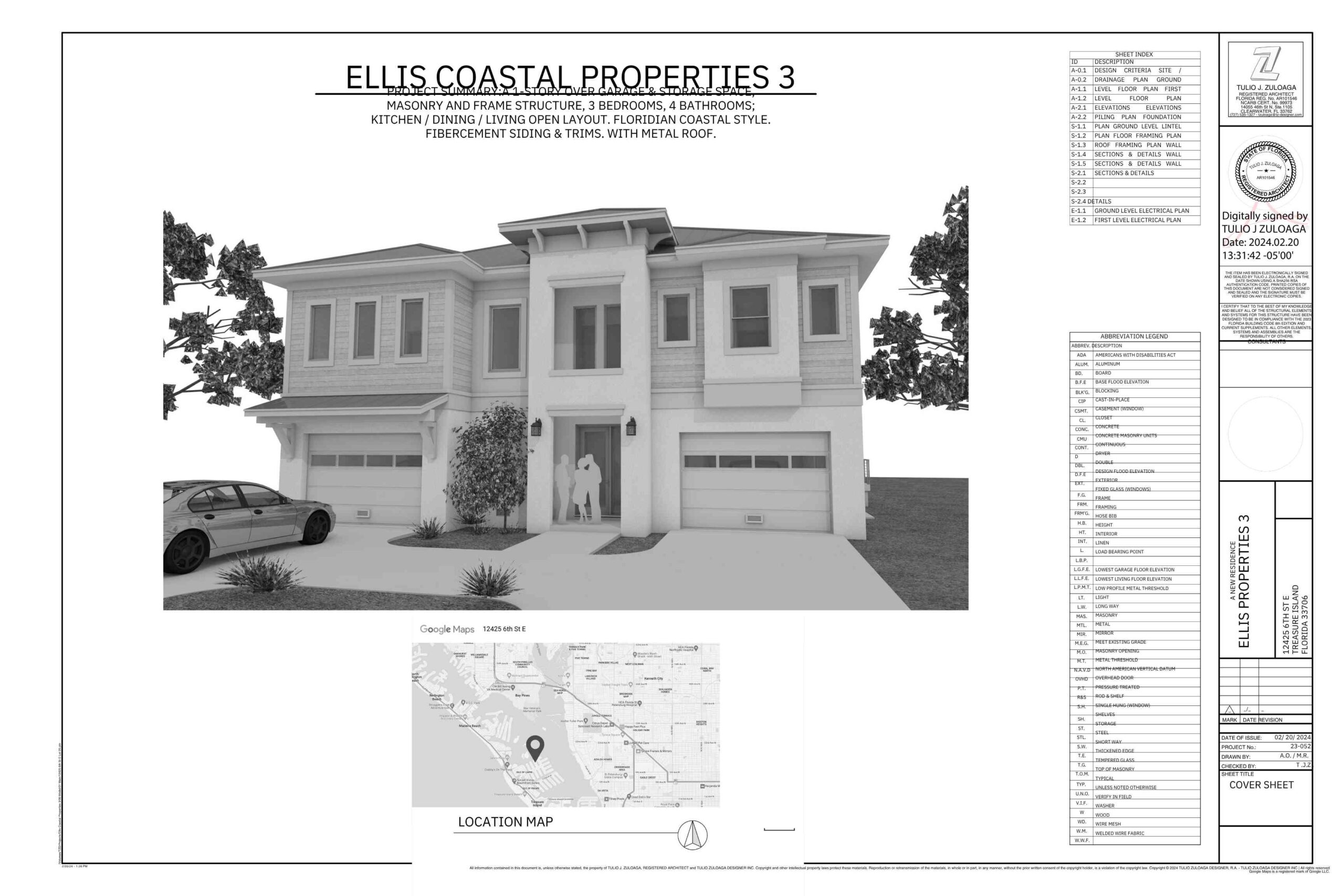 Architectural blueprint for Ellis Coastal Properties 3, featuring a two-story residence with a masonry and frame structure, three bedrooms, four bathrooms, and an open kitchen/dining/living layout. The design includes Florida coastal style elements, fiber cement siding, and a metal roof. Accompanied by a location map for reference.