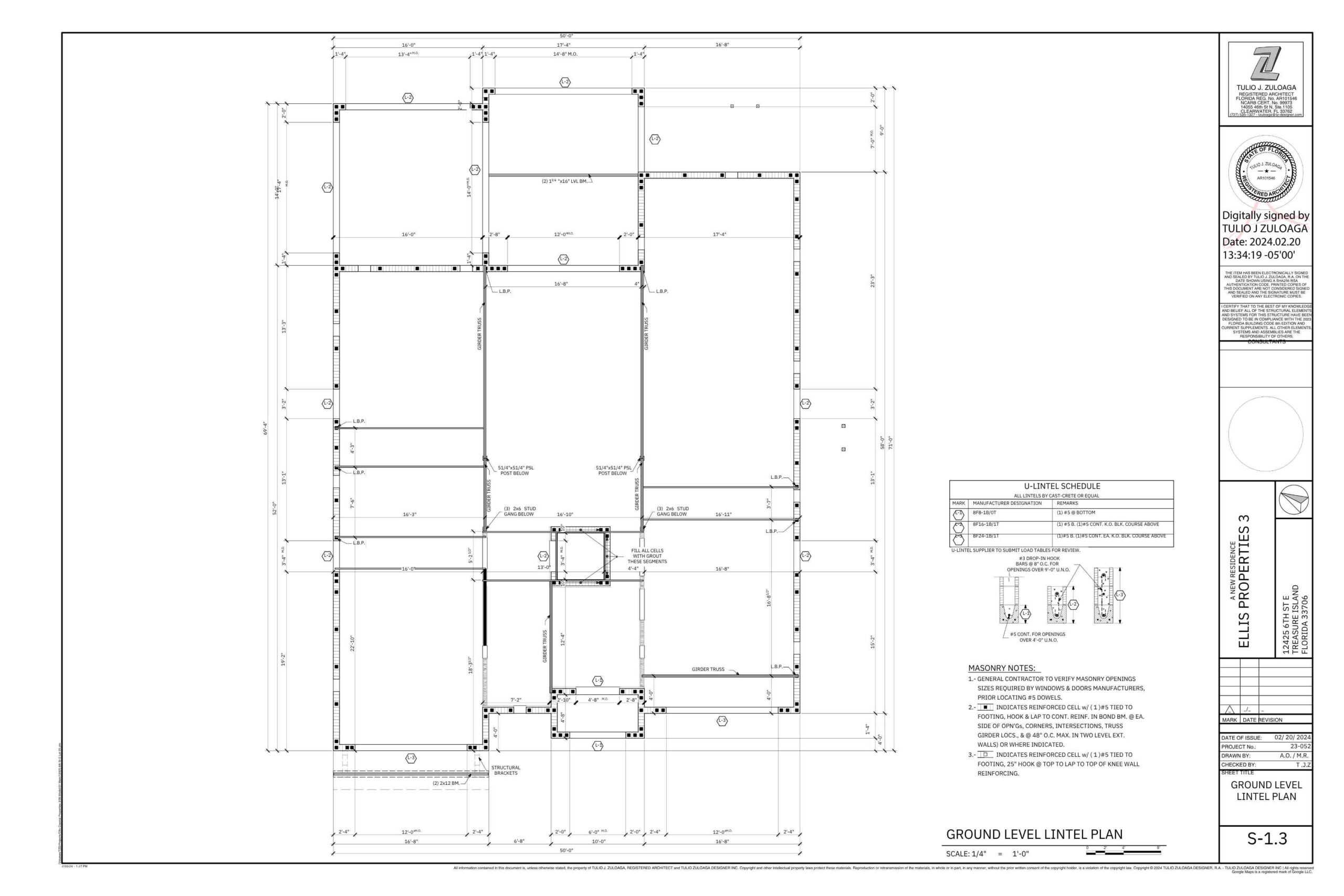 Ground level lintel plan for Ellis Properties, featuring detailed architectural drawings with dimensions and specifications for structural elements, including masonry notes and lintel schedules. Scale 1/4" = 1'-0".