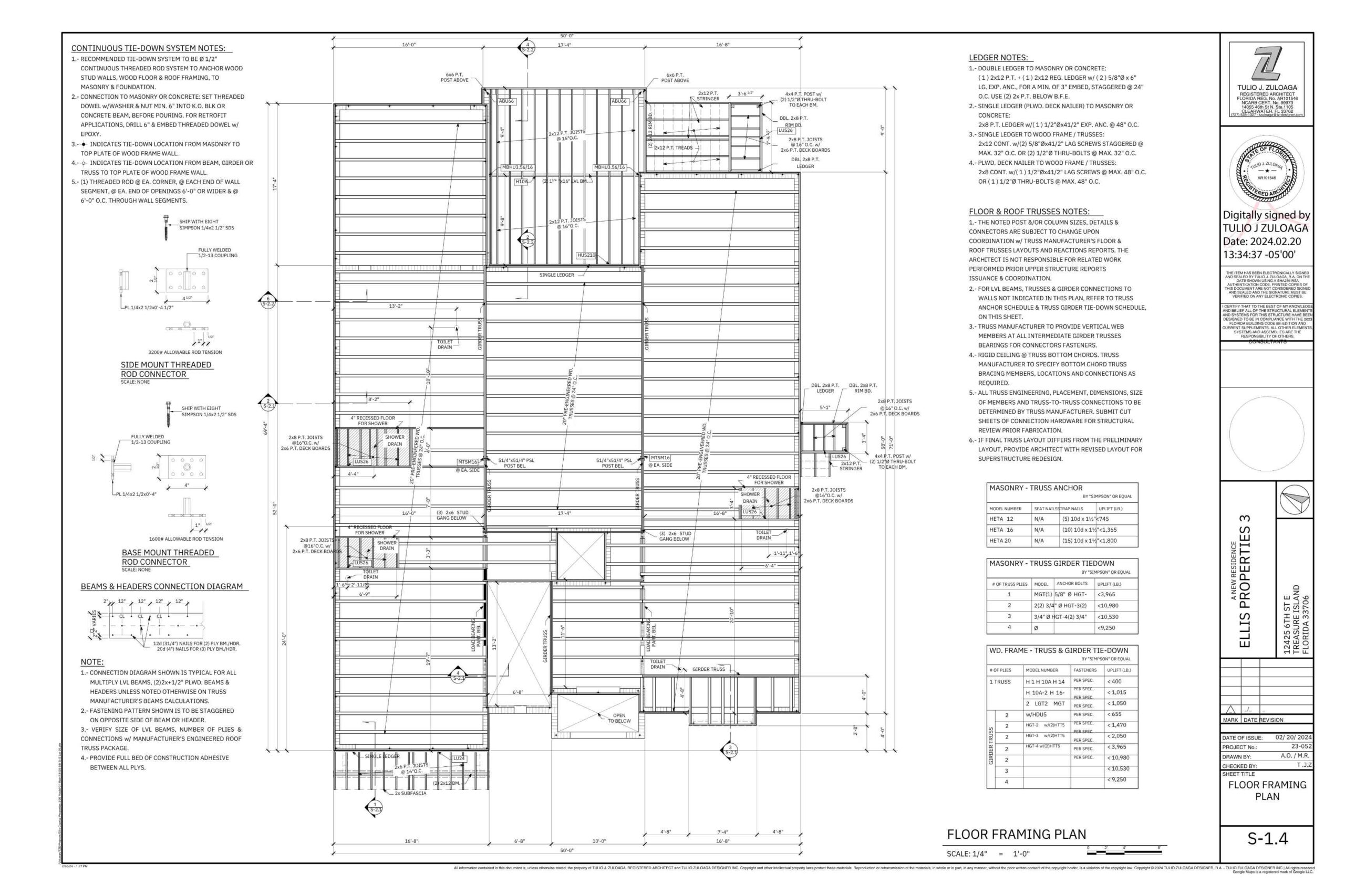 Detailed floor framing plan showing dimensions, materials, and connection details for beams and trusses in a construction project. The diagram includes notes on continuous tie-down systems, side and base mount threaded rod connectors, and specifications for masonry and truss anchors.