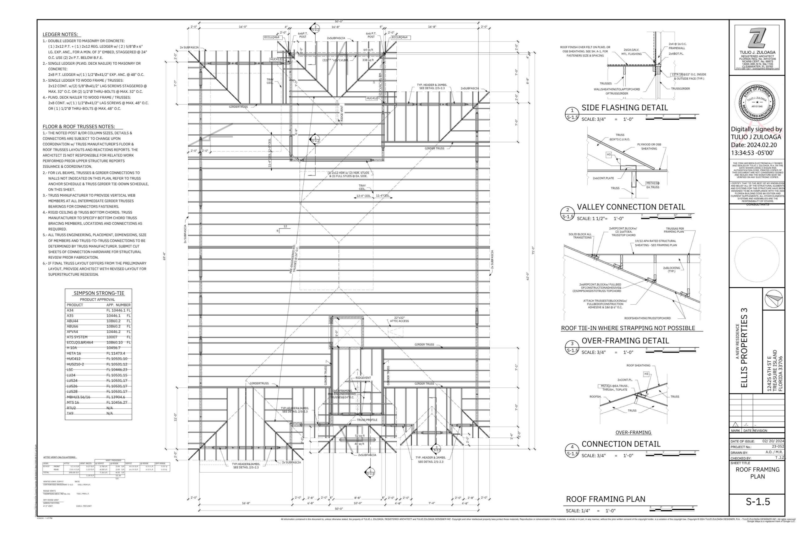 Roof framing plan detailing truss connections, flashing details, and structural specifications. Includes dimensions, material notes, and construction guidelines for proper installation. Features side flashing, valley connections, and over-framing details for enhanced structural integrity.