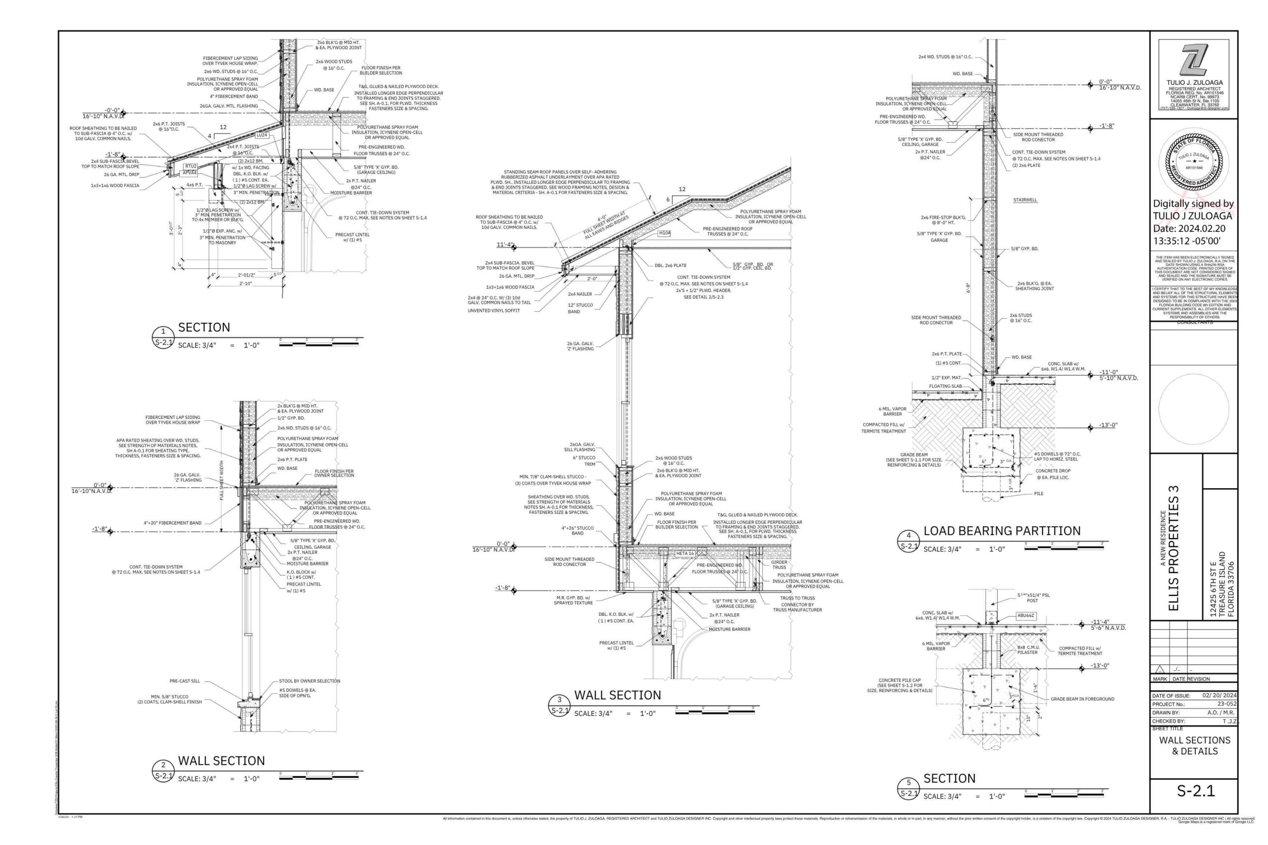 Architectural drawing detailing wall sections, load-bearing partitions, and construction specifications, including dimensions and materials used. Scale 3/4" = 1'-0".