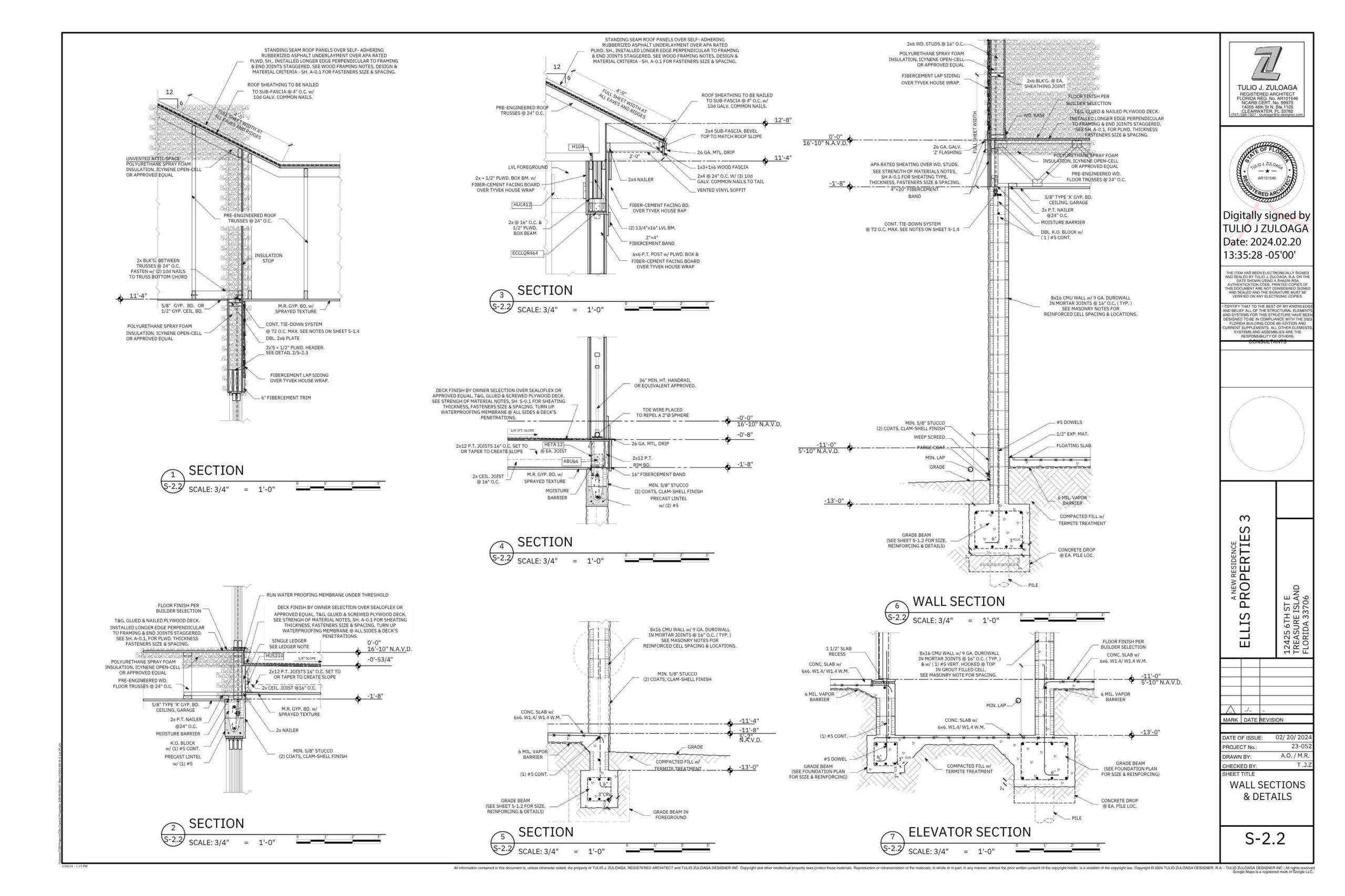 Detailed architectural drawing showcasing various structural sections, including roof, wall, and elevator sections, with annotations for materials, dimensions, and construction methods. The layout is designed for clarity and precision in construction planning.