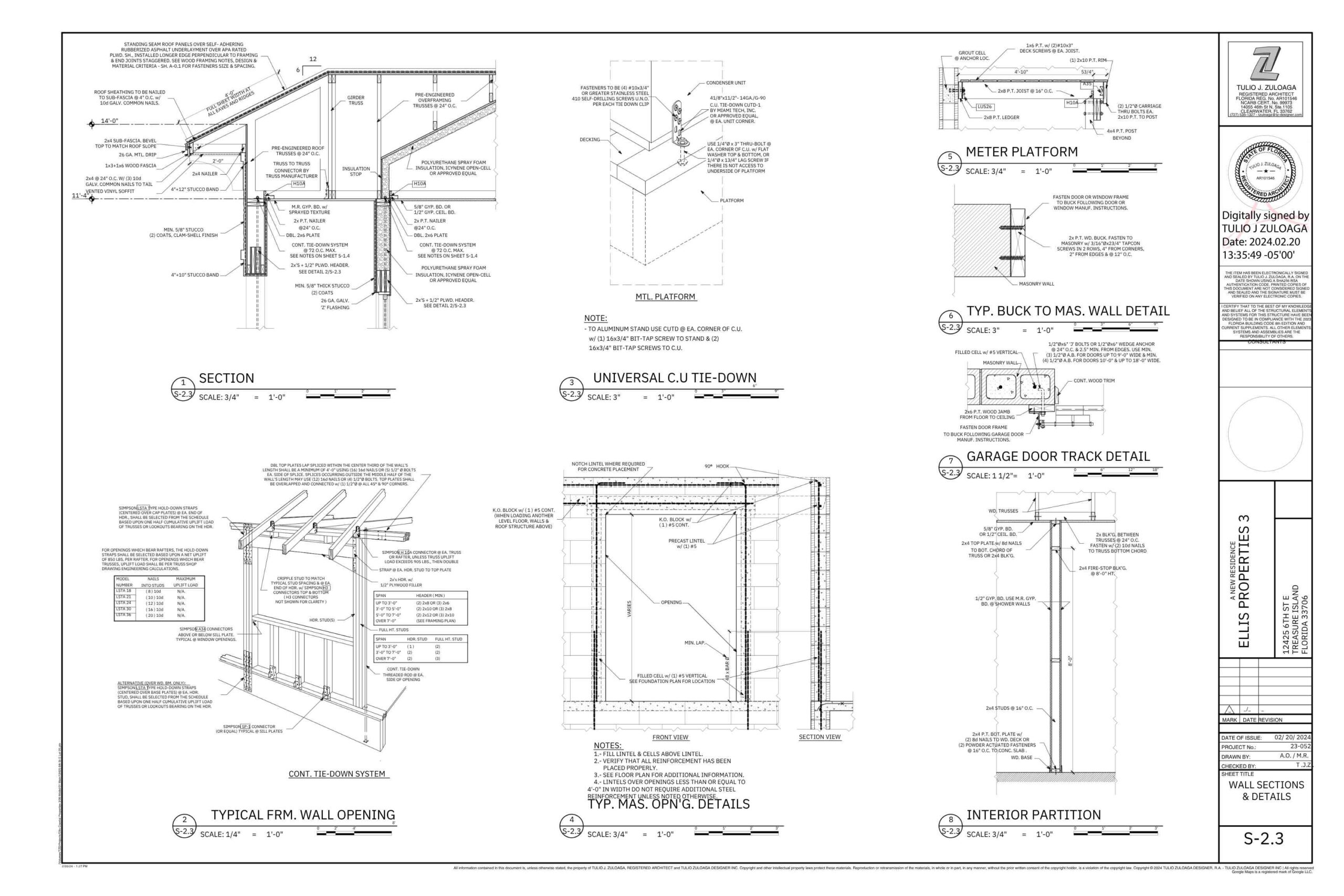 Detailed architectural drawing showcasing various construction details including a section view, typical wall opening, meter platform, and garage door track detail. The plan includes specifications for materials, dimensions, and structural elements, serving as a guide for building design and construction.
