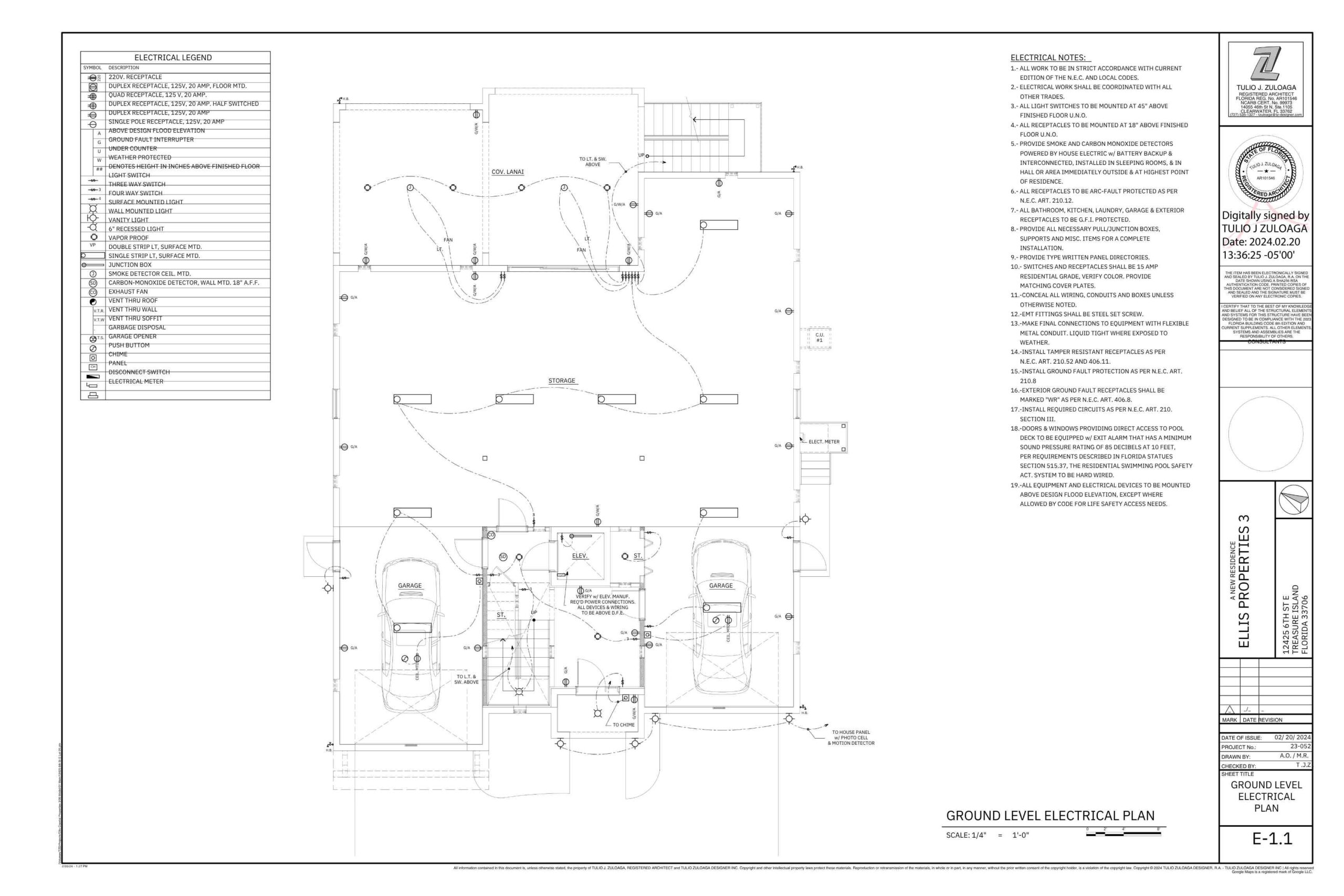 Ground level electrical plan detailing layout and specifications for lighting, outlets, and fixtures in a residential building. The diagram includes an electrical legend, notes on installation, and safety requirements for various electrical components.