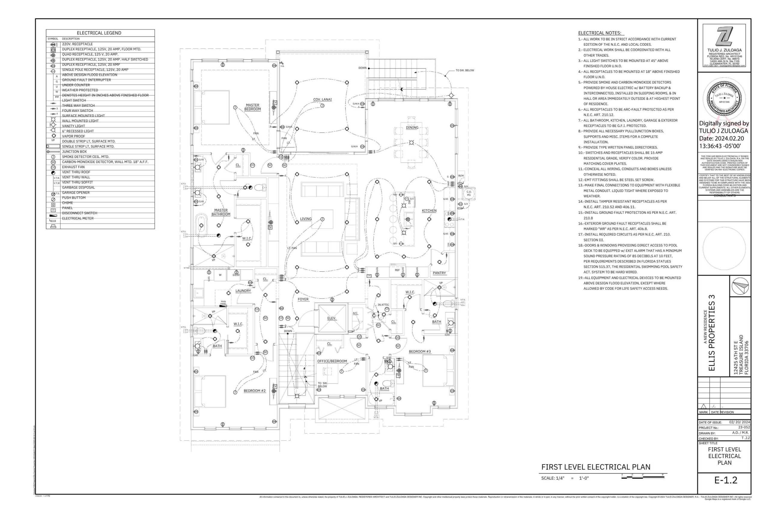 First level electrical plan detailing the layout of electrical fixtures, outlets, and lighting in a residential building, including a legend for symbols and electrical notes for installation and safety compliance.