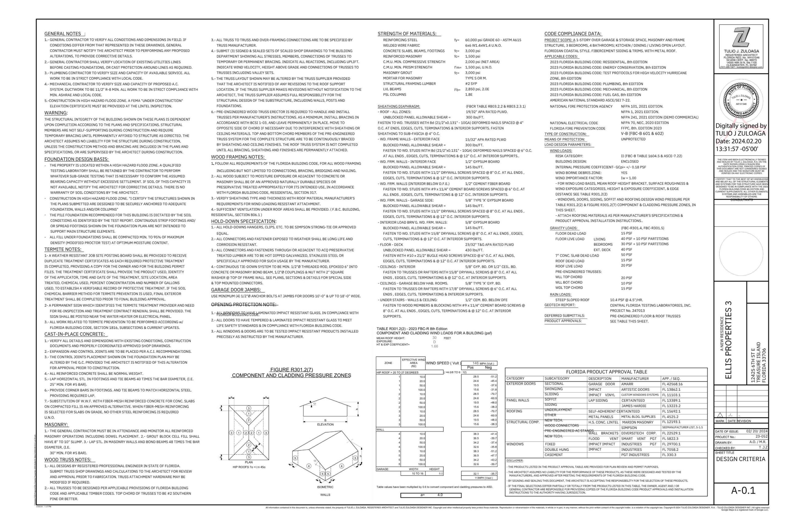 Architectural drawing detailing general notes, foundation design basis, termite notes, cast-in-place concrete specifications, masonry guidelines, and structural framing requirements for a building project, including code compliance data and material specifications.