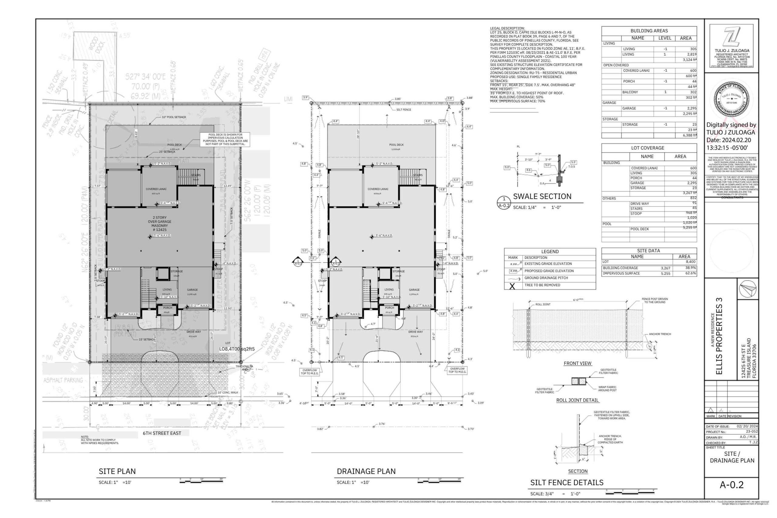 Site and drainage plan for a residential property, featuring detailed layouts of the building, garage, covered areas, and swimming pool. Includes swale section and silt fence details, with measurements and site data for construction compliance.
