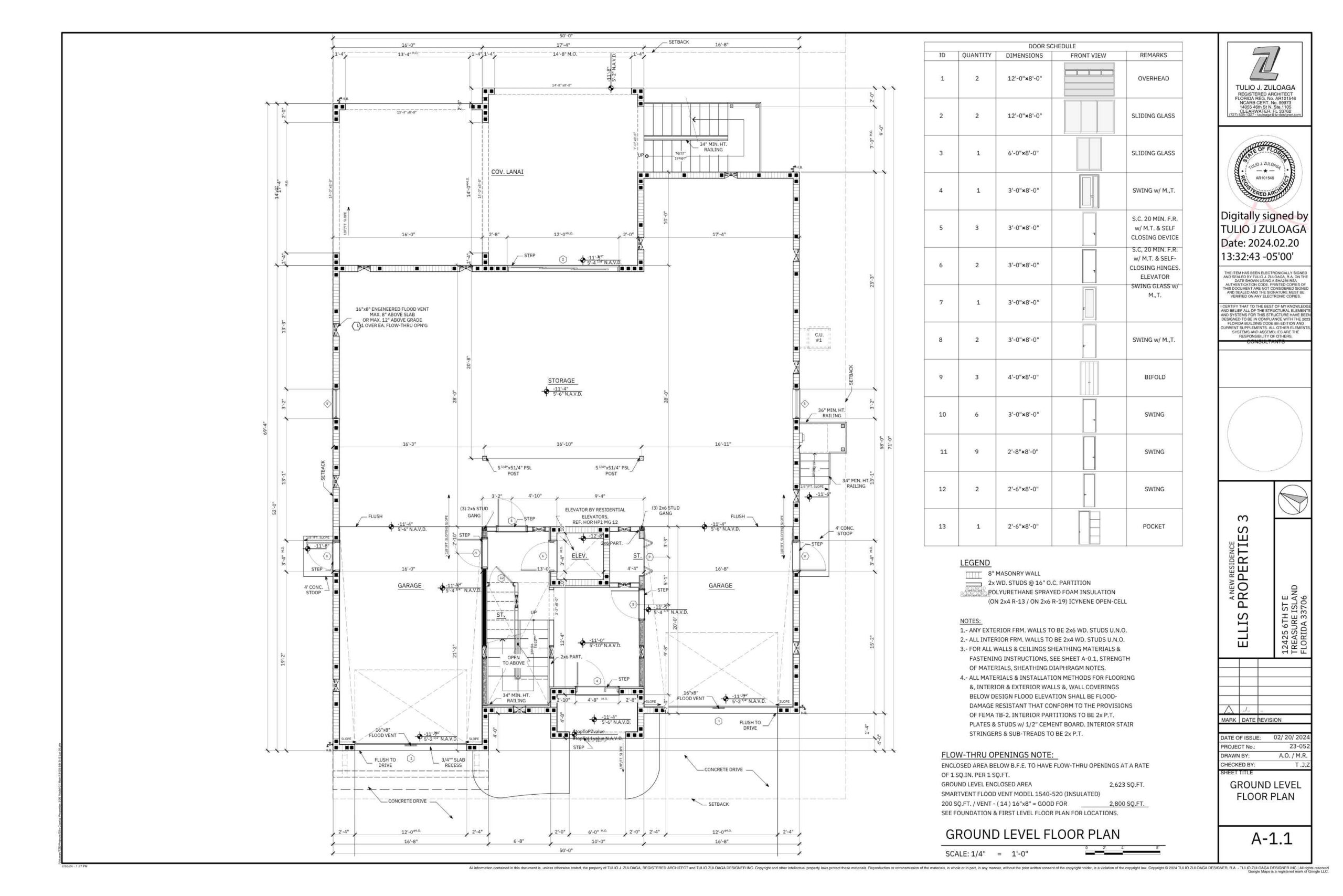 Ground level floor plan of a residential building, featuring detailed dimensions, door schedule, and layout including rooms such as garage, storage, and living areas. The plan provides an architectural overview with annotations and measurements for construction reference.