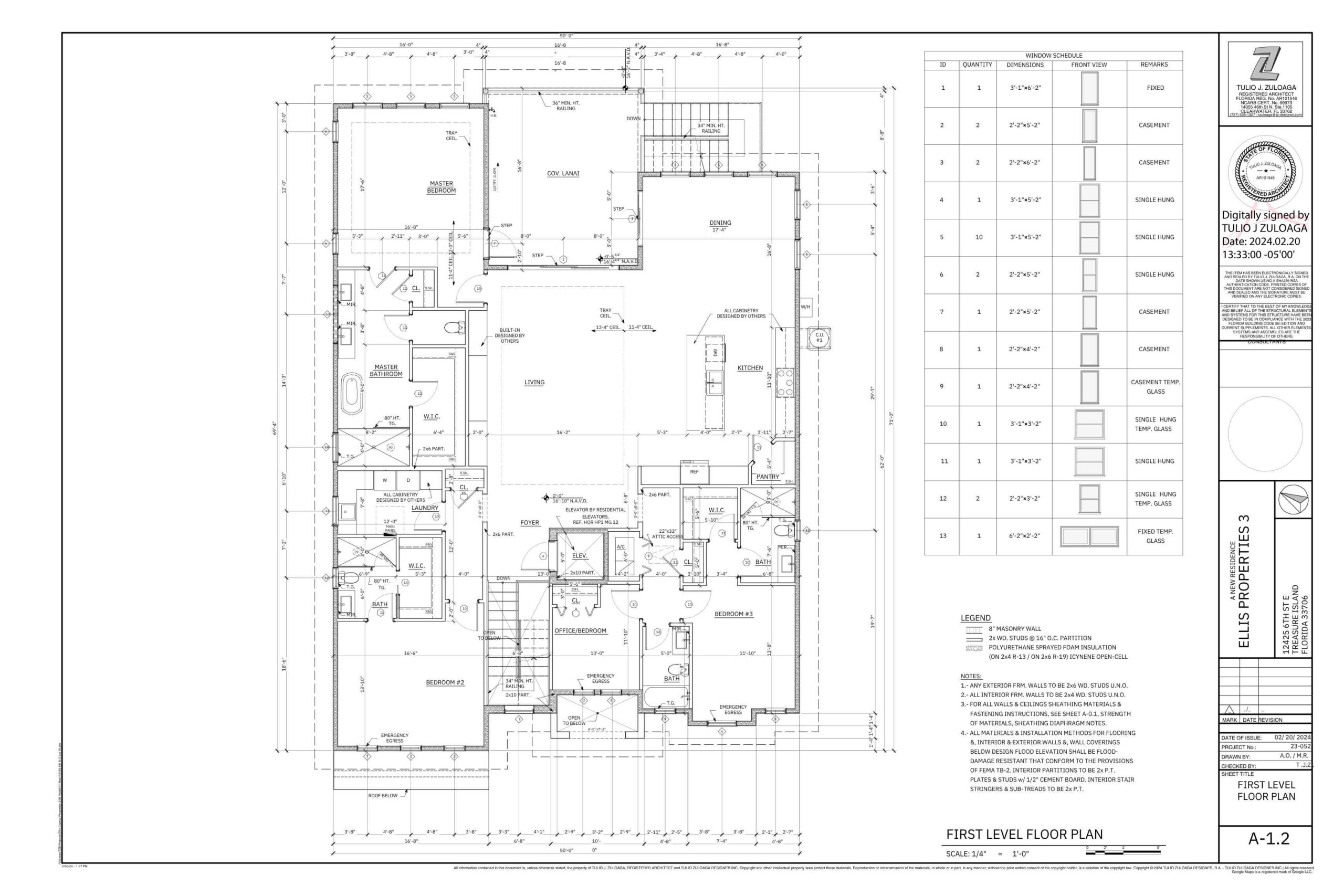 First level floor plan of a residential building, featuring detailed layouts of rooms including master bedroom, living area, kitchen, and dining space, along with a window schedule and construction notes.