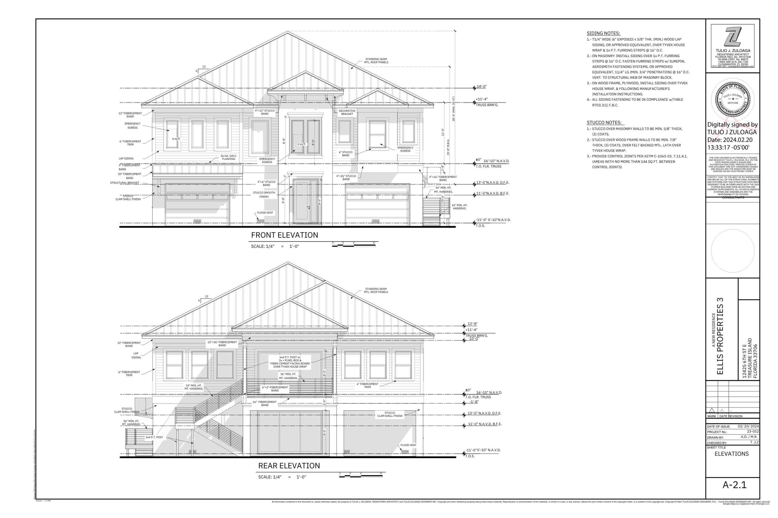 Architectural elevation drawing showcasing the front and rear views of a residential building, detailing dimensions, materials, and construction notes. The front elevation includes design features such as windows, doors, and siding specifications, while the rear elevation highlights additional structural elements and access points.