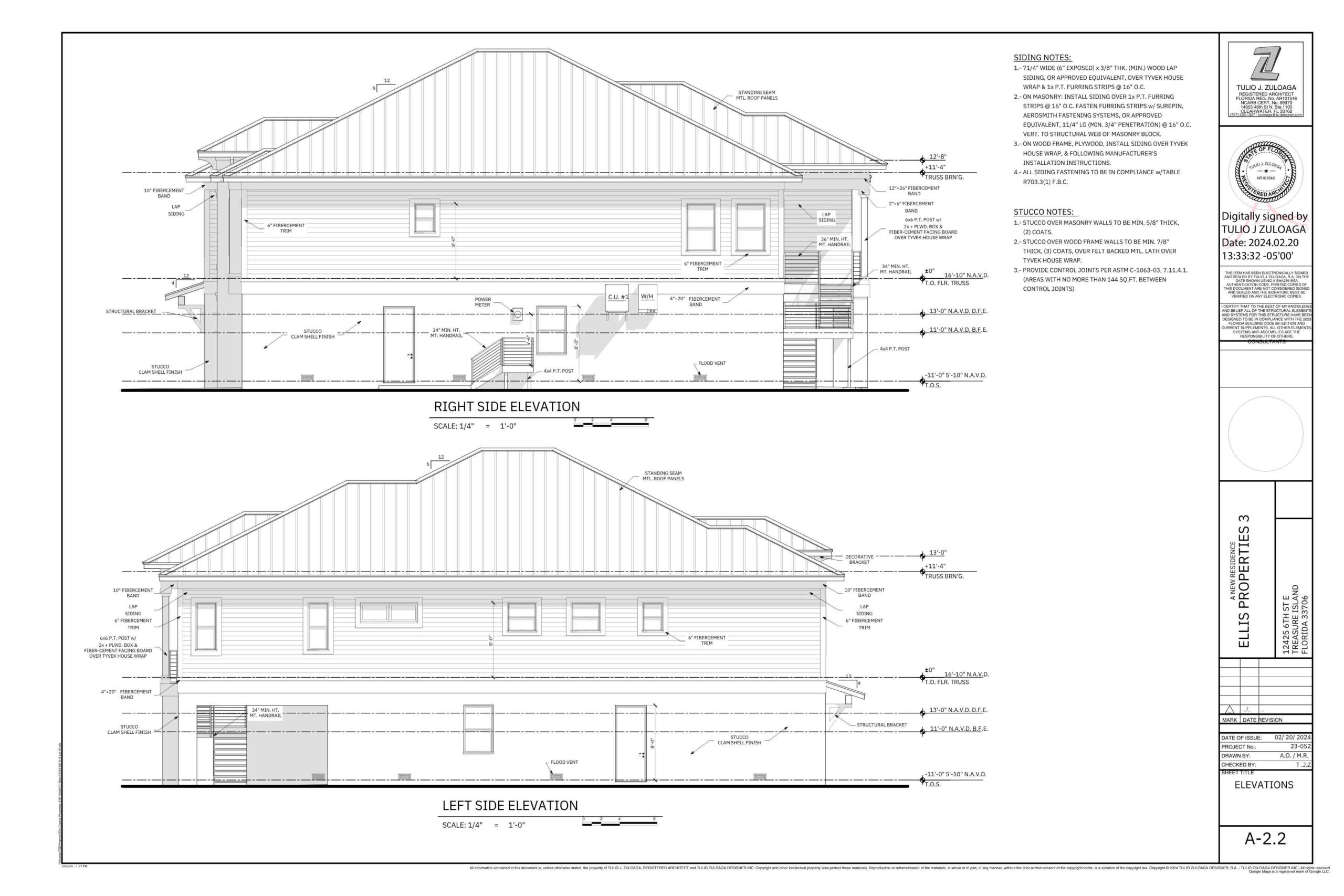 Architectural elevation drawings of a residential property, showcasing the right and left side views. The details include dimensions, materials, and structural notes for construction.