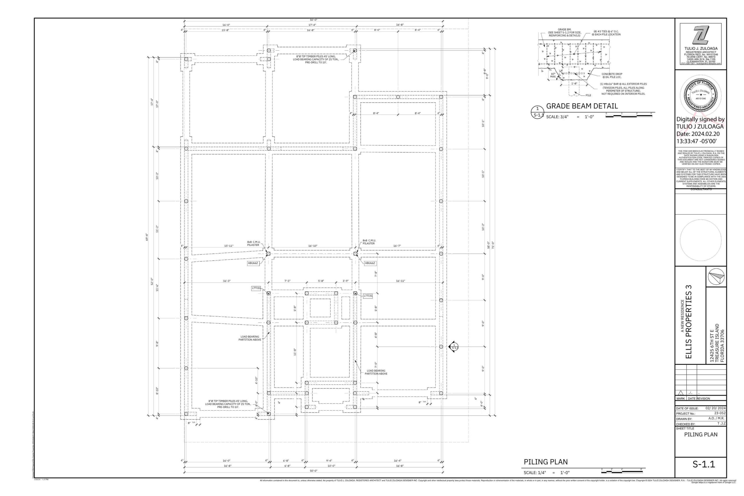 Piling plan and grade beam detail for Ellis Properties, featuring precise measurements and structural specifications for construction.