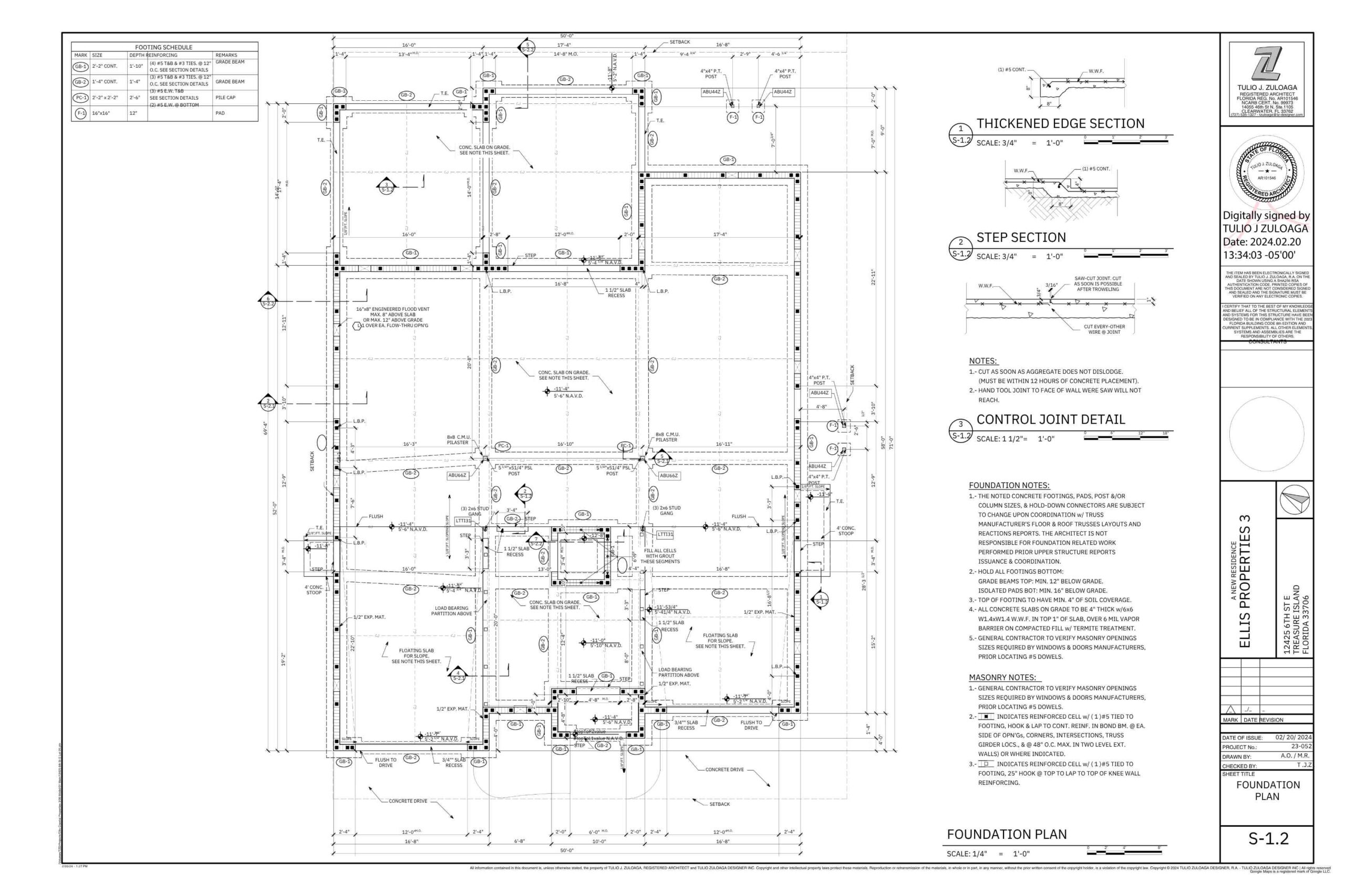 Foundation plan blueprint detailing footing specifications, including thickened edge section, step section, and control joint detail, with measurements and annotations for construction purposes.