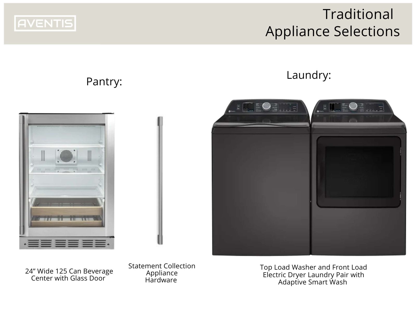 A visual display of traditional appliances featuring a 24-inch wide beverage center with a glass door on the left, labeled "Pantry," and a top load washer paired with a front load electric dryer on the right, labeled "Laundry," both showcasing modern design elements from the Aventis brand.