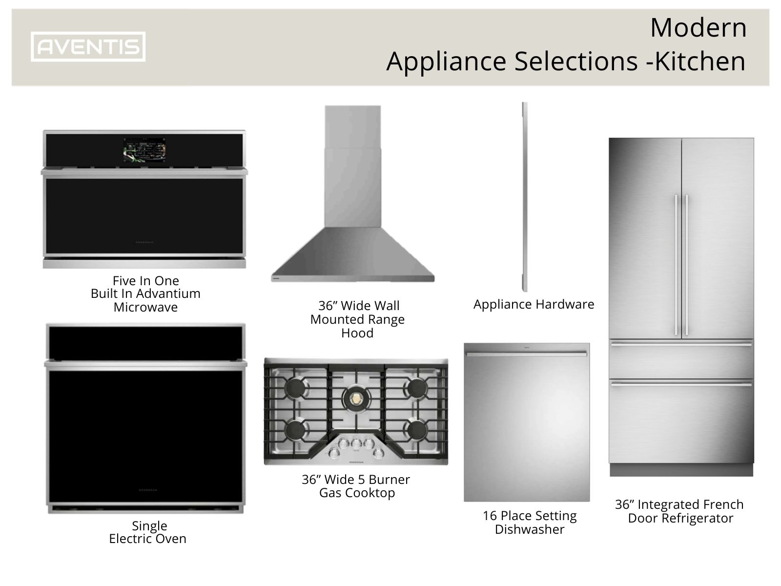 Modern kitchen appliance selections featuring a five-in-one built-in Advantium microwave, a 36-inch wide wall-mounted range hood, a single electric oven, a 36-inch wide five-burner gas cooktop, a 16-place setting dishwasher, and a 36-inch integrated French door refrigerator, all presented by Aventis.