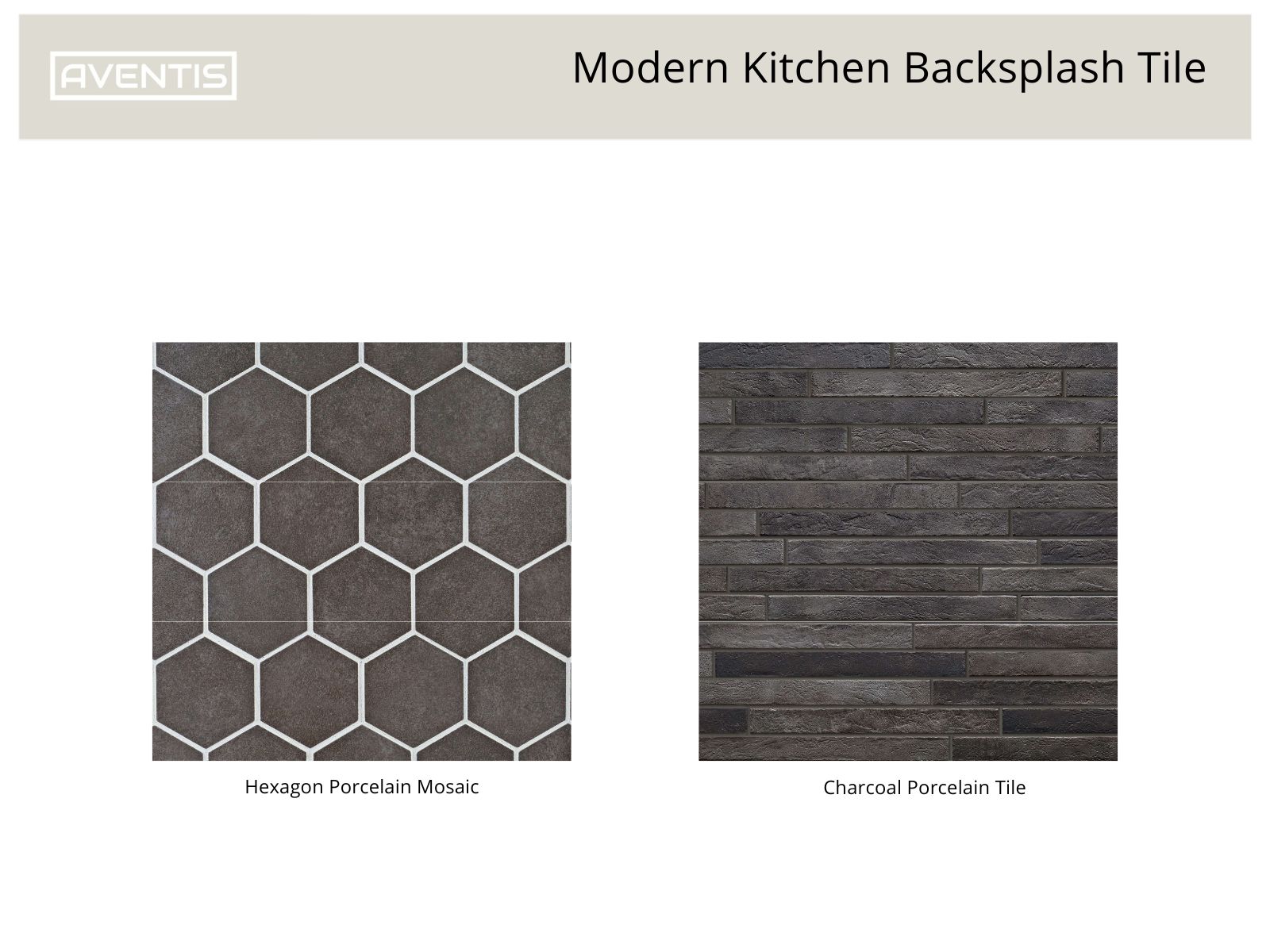 Modern kitchen backsplash tile options featuring hexagon porcelain mosaic on the left and charcoal porcelain tile on the right, showcasing contemporary designs for stylish home interiors.