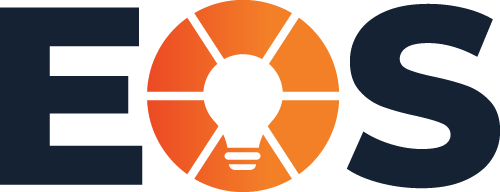 Logo of EOS featuring the letters "E," "O," and "S" with a light bulb design integrated into an orange and white circular element, representing innovation and creativity.