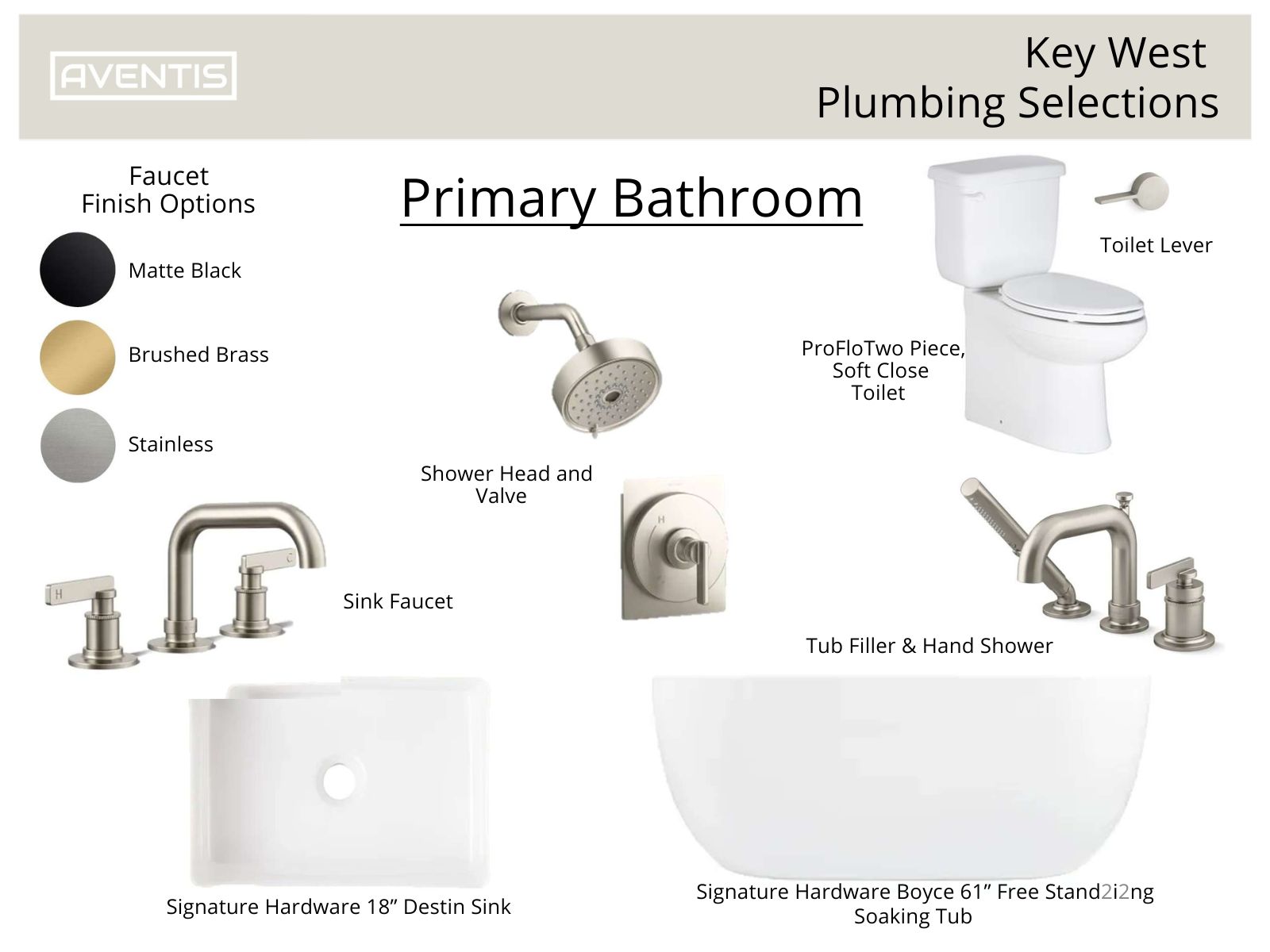 Key West plumbing selections for a primary bathroom featuring faucet finish options in matte black, brushed brass, and stainless steel. Includes a ProFlo two-piece soft close toilet, shower head and valve, sink faucet, Signature Hardware 18” Destin sink, and a Boyce 61” free-standing soaking tub with a tub filler and hand shower.