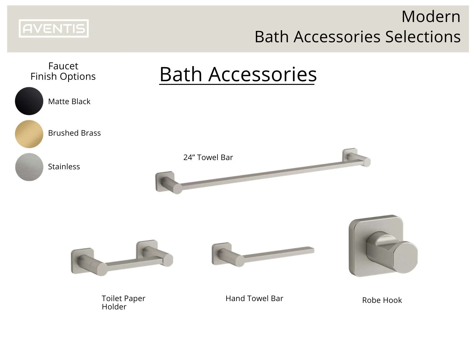 Modern bath accessories selection featuring a 24" towel bar, toilet paper holder, hand towel bar, and robe hook. Available finishes include matte black, brushed brass, and stainless steel, showcasing stylish options for bathroom decor.