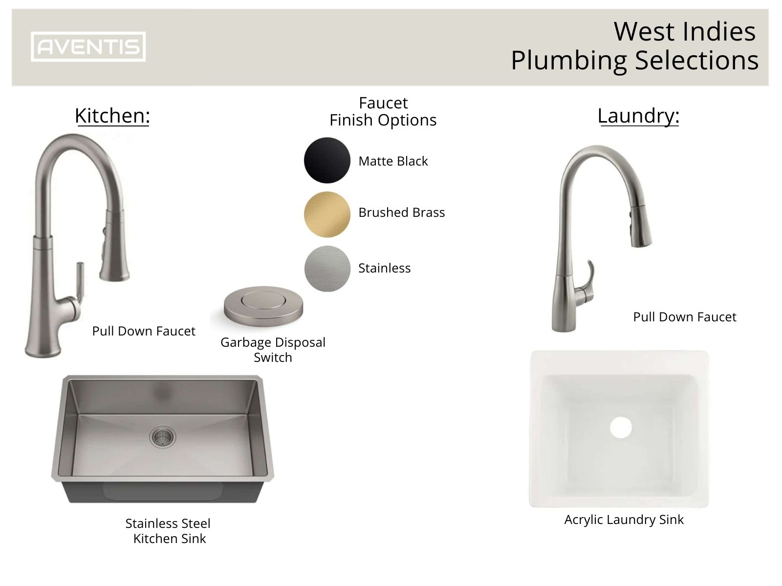 A plumbing selection guide for the West Indies featuring kitchen and laundry options. Showcases a pull-down faucet, stainless steel kitchen sink, garbage disposal switch, and an acrylic laundry sink. Includes finish options: matte black, brushed brass, and stainless steel.
