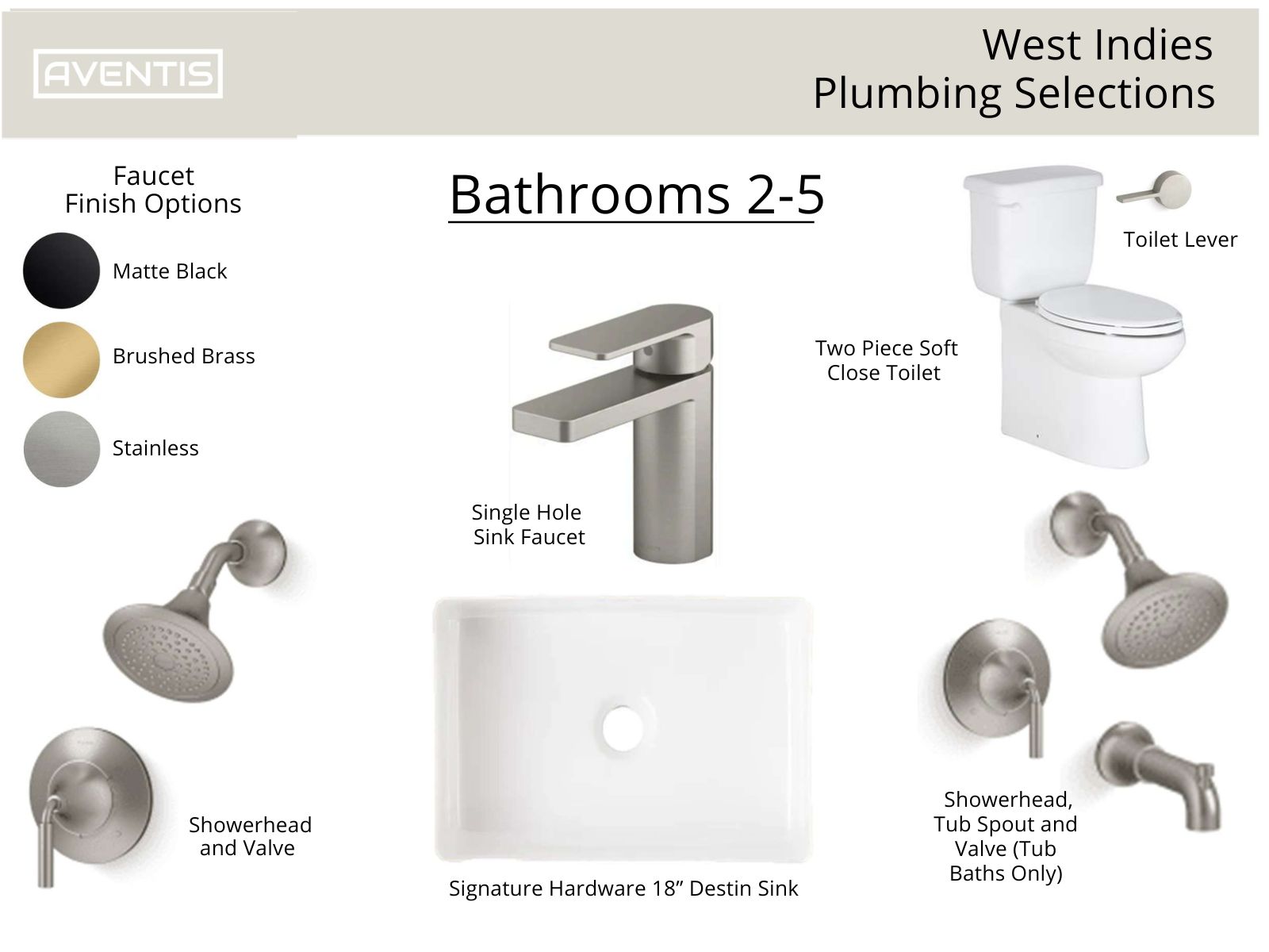 Image showcasing plumbing selections for West Indies bathrooms 2-5, featuring faucet finish options (matte black, brushed brass, stainless), a single hole sink faucet, a two-piece soft close toilet, a signature 18” Destin sink, and various showerhead and valve configurations.