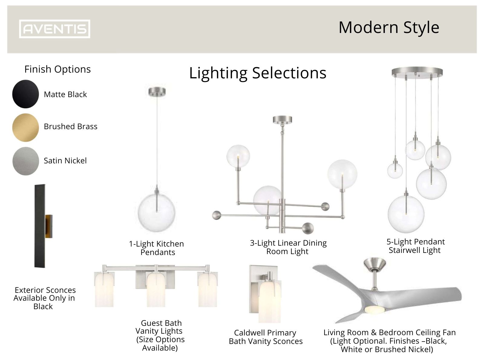 SEO optimized alt text: Modern lighting selections by Aventis featuring finish options in matte black, brushed brass, and satin nickel. Includes 1-light kitchen pendants, 3-light linear dining room light, 5-light pendant stairwell light, guest bath vanity lights, and a ceiling fan suitable for living rooms and bedrooms.