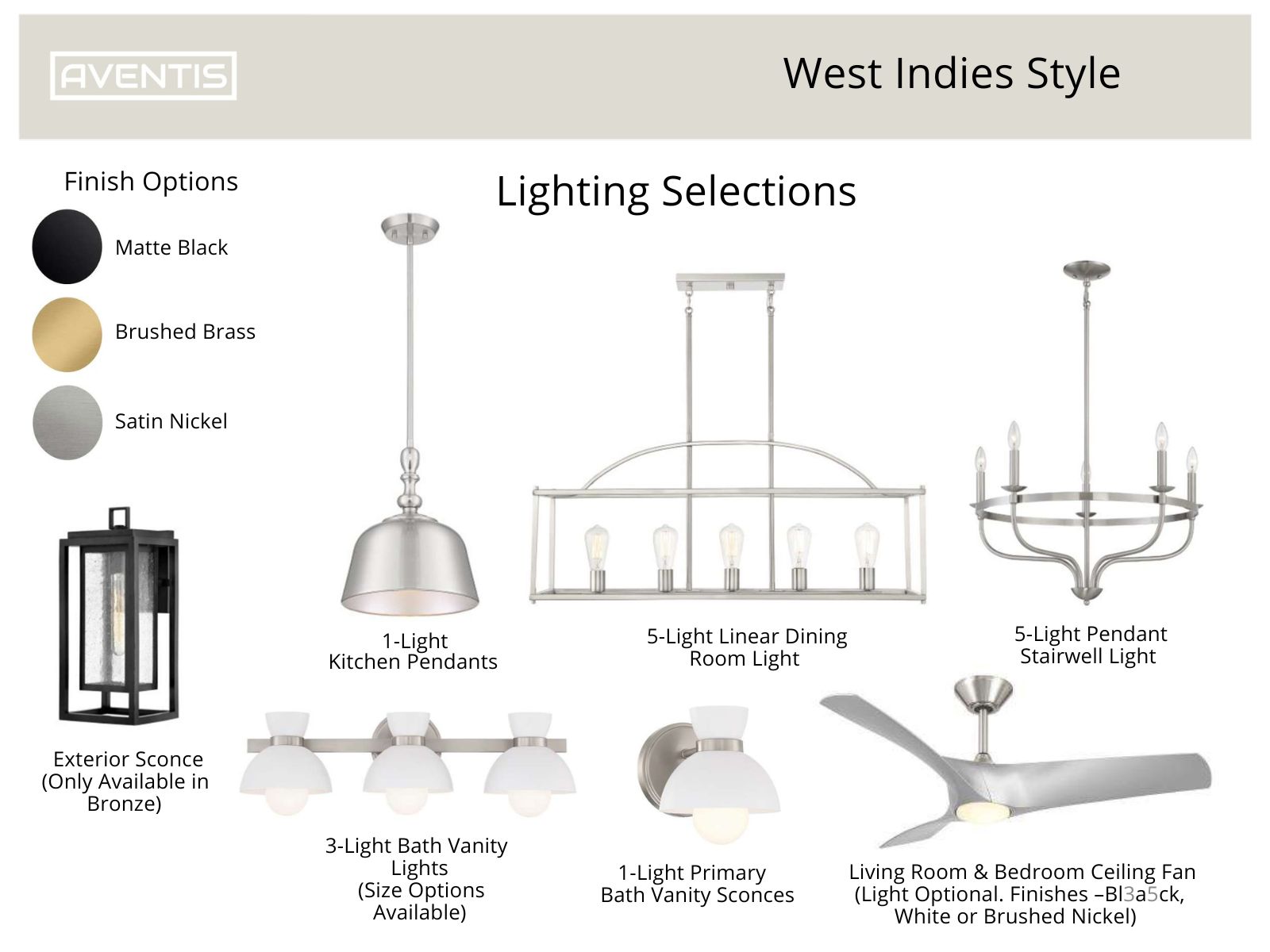 A visual guide to West Indies style lighting selections featuring various fixtures including a 1-light kitchen pendant, 5-light linear dining room light, 5-light pendant stairwell light, 3-light bath vanity lights, and a living room ceiling fan. The image also showcases finish options such as matte black, brushed brass, satin nickel, and a bronze exterior sconce.