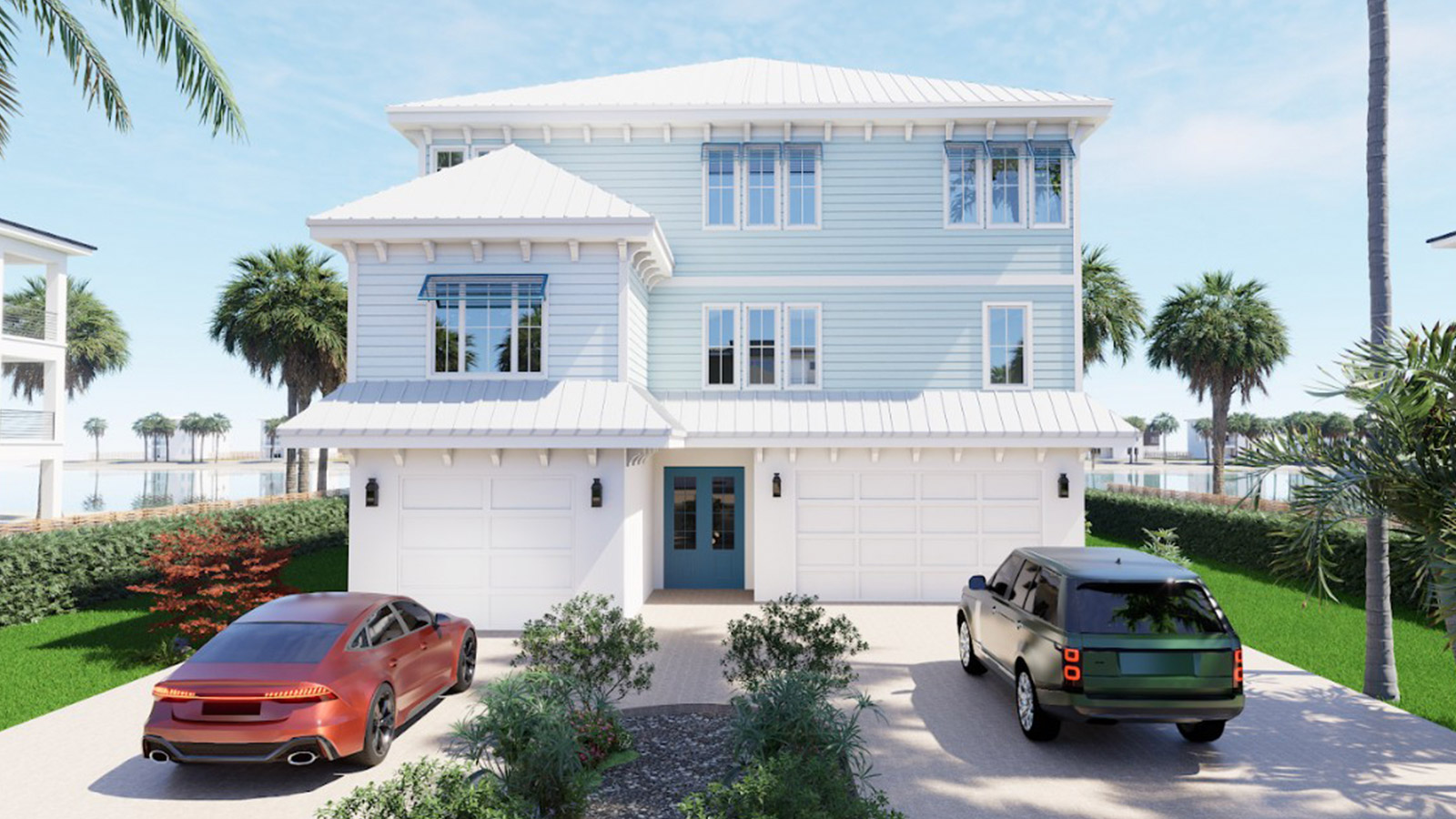 Modern coastal home with a light blue exterior, featuring a spacious driveway with two parked cars, surrounded by palm trees and lush landscaping, overlooking a serene waterfront.
