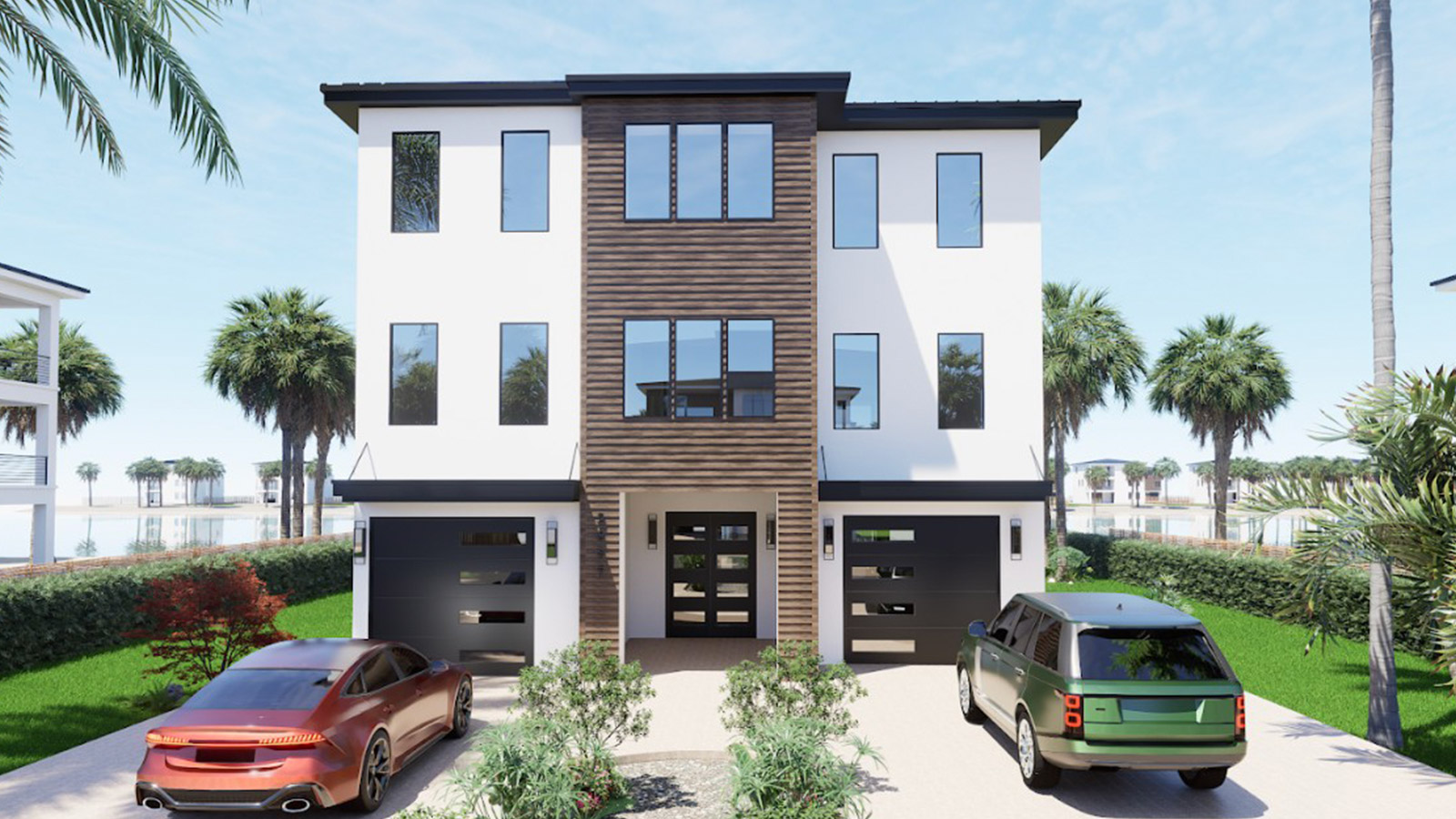 Modern three-story house with a stylish facade featuring wooden accents, surrounded by palm trees and lush greenery. Two cars parked in the driveway, with a serene water view in the background. Ideal for showcasing contemporary architectural design and outdoor living spaces.