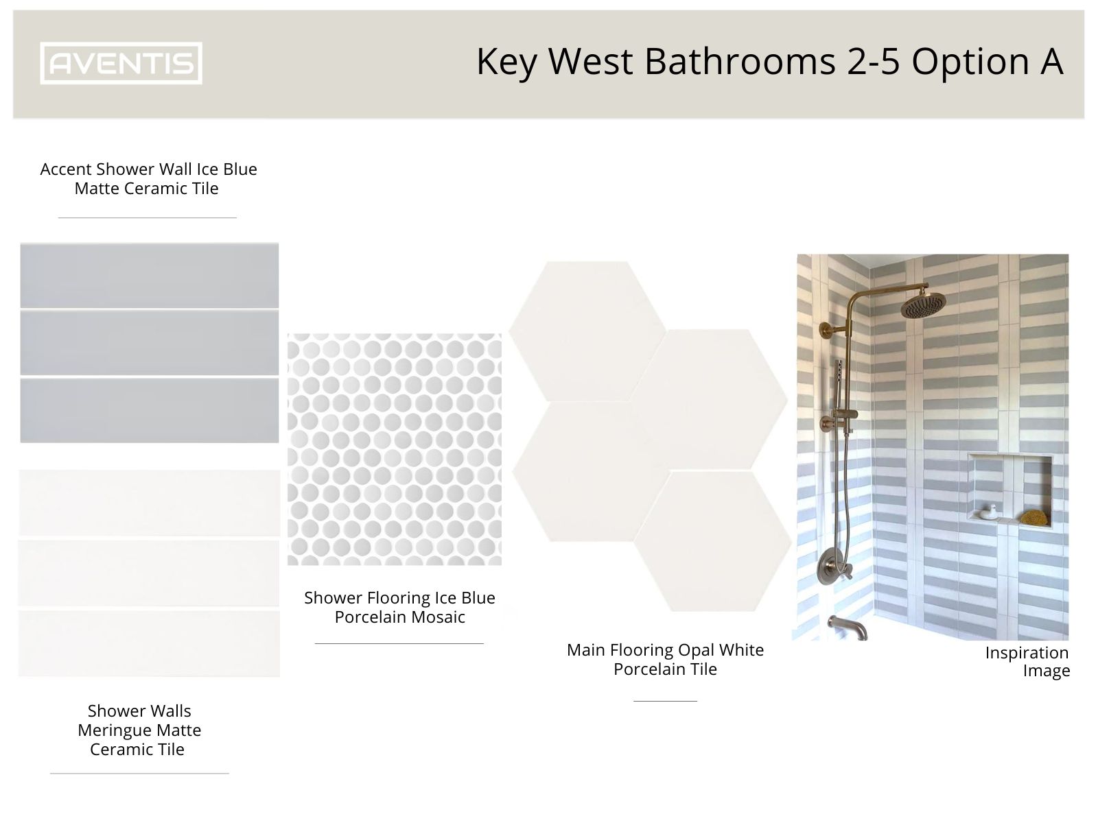 Design layout for Key West Bathrooms Option A featuring accent shower wall in Ice Blue matte ceramic tile, shower flooring in Ice Blue porcelain mosaic, and main flooring in Opal White porcelain tile, complemented by a stylish inspiration image.