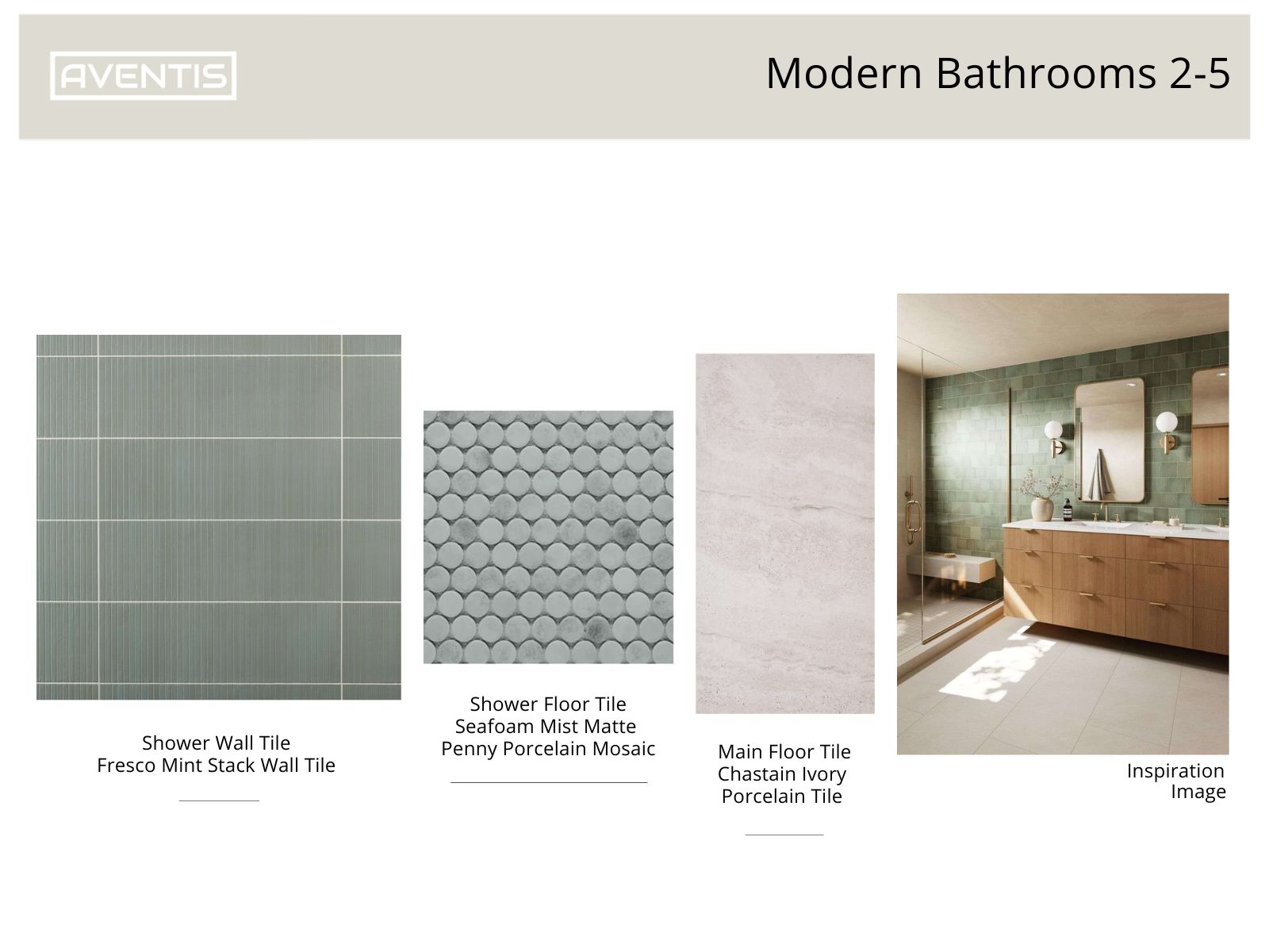 Modern bathroom design featuring various tile options: Fresco Mint Stack Wall Tile for shower walls, Seafoam Mist Matte Penny Porcelain Mosaic for shower floors, and Chastain Ivory Porcelain Tile for the main floor, complemented by a stylish bathroom inspiration image.