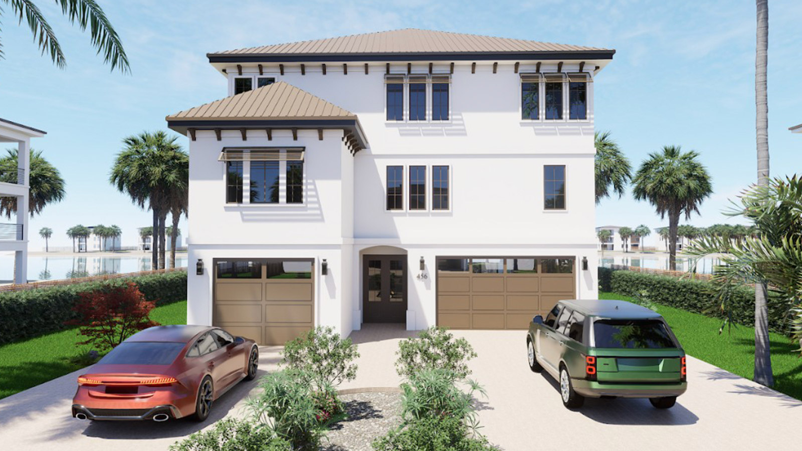 Modern two-story house with a stylish design, featuring a beige roof and white exterior. The front yard has landscaped greenery and two parked cars, a red sedan and a green SUV, in a spacious driveway. Palm trees and a serene water view are visible in the background, enhancing the tropical ambiance.