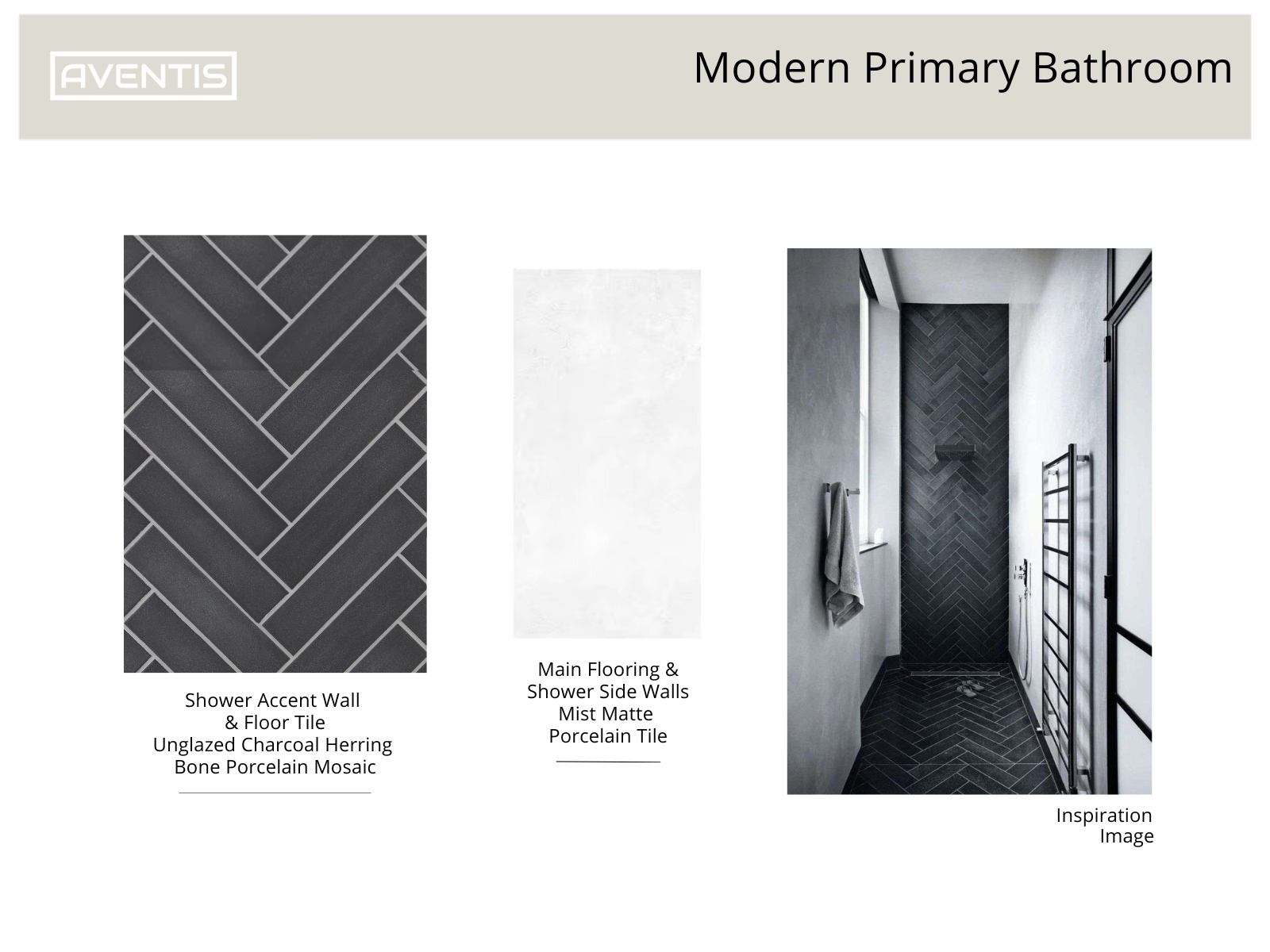 Modern primary bathroom design featuring unglazed charcoal herringbone porcelain mosaic on the shower accent wall and floor, complemented by mist matte porcelain tile on the main flooring and shower side walls. The image showcases a sleek and contemporary aesthetic.