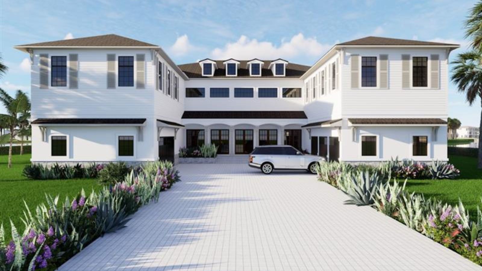 3D render of a luxurious two-story home with a paved driveway, clean landscaping, and a modern architectural design featuring large windows and a prominent front entrance.