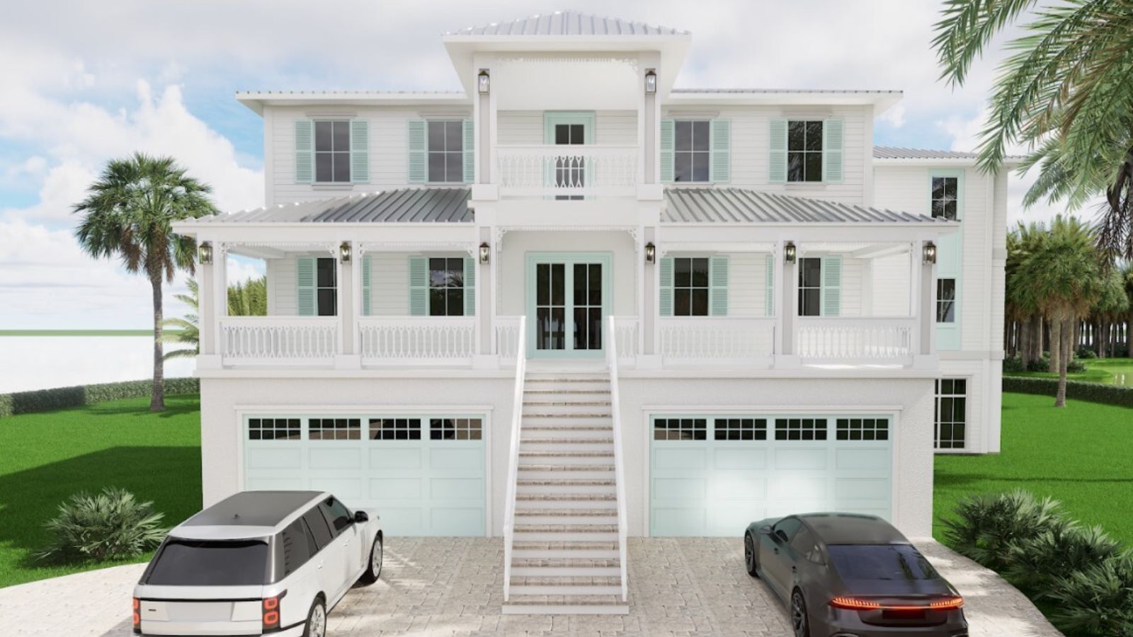 Elevated coastal-style home with central staircase, double garage doors, white exterior, and symmetrical balconies.