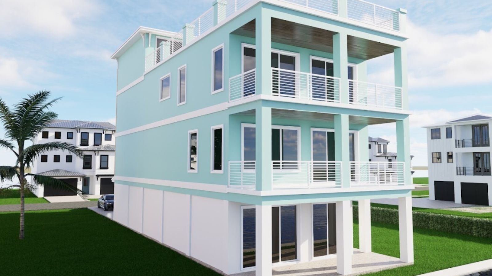 Three-story coastal home with light teal exterior, wraparound balconies, elevated design, and white railings in a residential waterfront neighborhood.