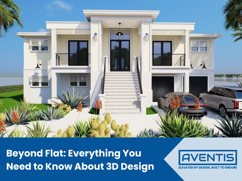 3D exterior rendering of a modern two-story home with balconies, landscaped yard, and driveway.