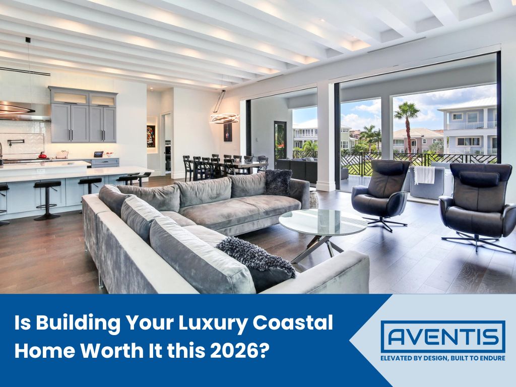 Image of a luxury coastal home with the text: "Is building your luxury coastal home worth it in 2020?"