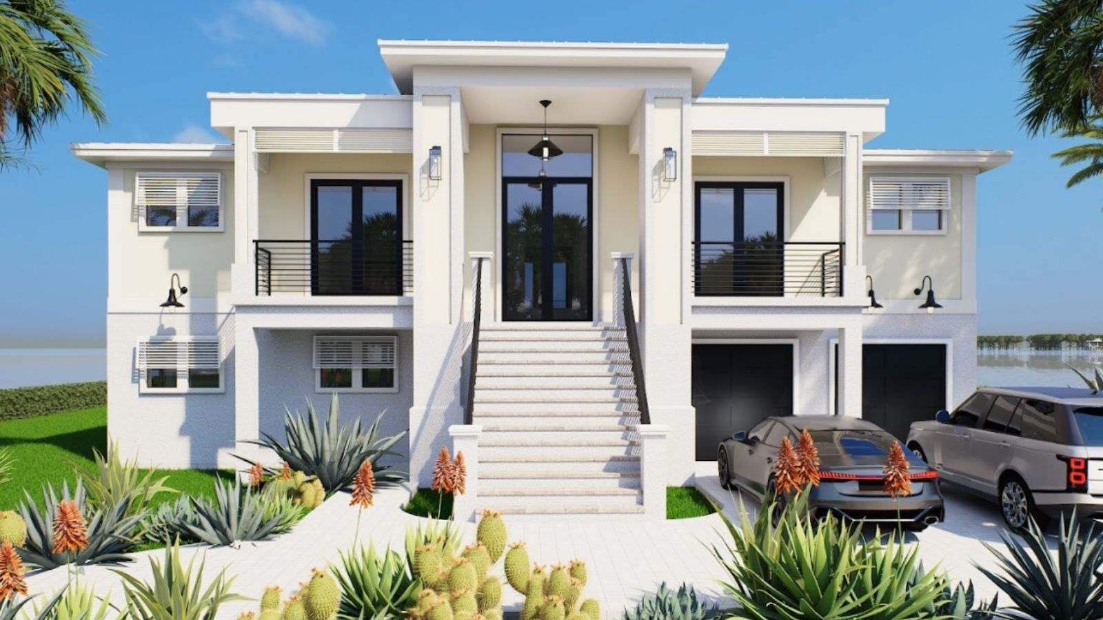 Modern coastal concrete home with elevated entry, clean white facade, and tropical landscaping by Aventis Homes.