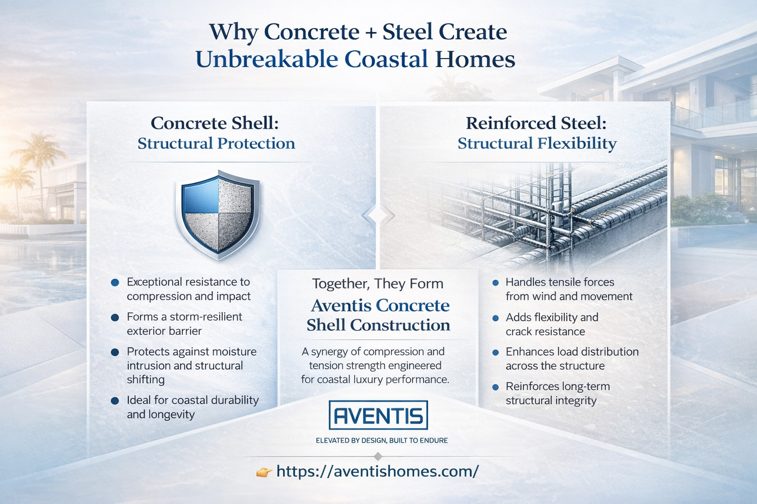user-inserted Luxury Aventis infographic showing concrete compression and steel tension forming durable coastal concrete shell homes