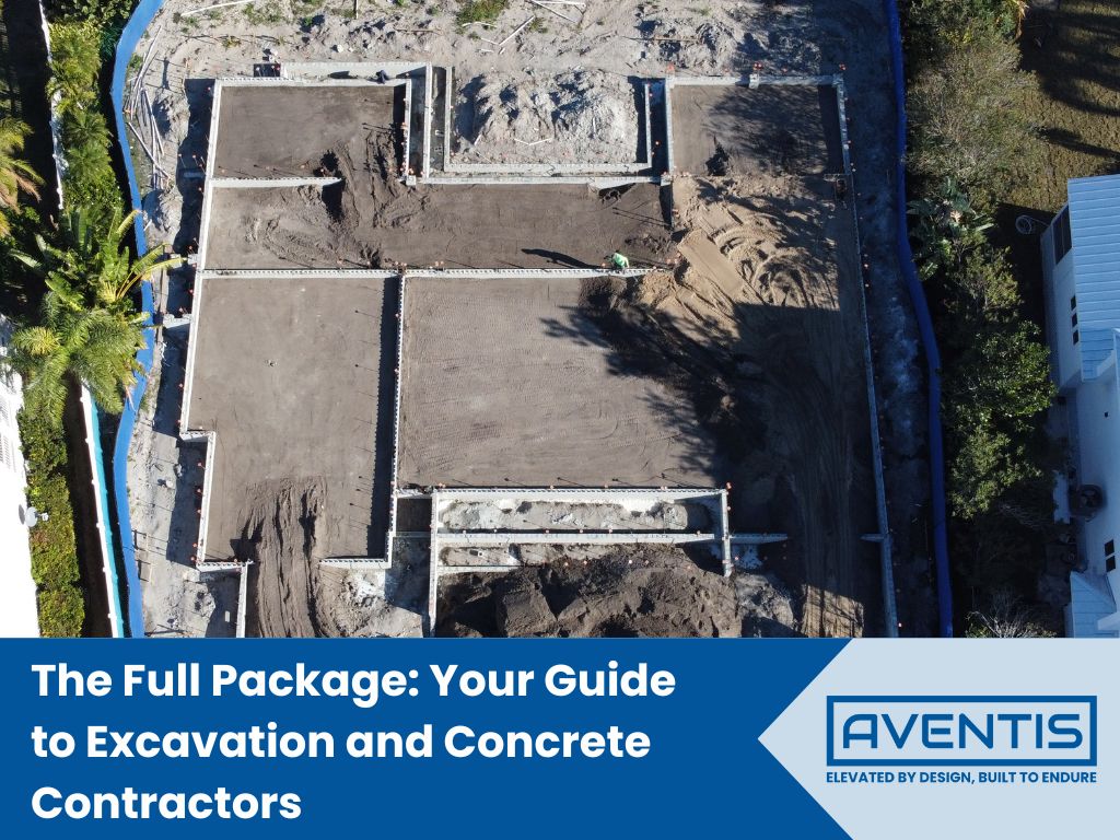 Bird’s-eye view of an excavation site for a luxury coastal home, showing concrete footings being laid for a sturdy foundation. Guide to excavation and concrete services by Aventis, ensuring high-quality and resilient construction.
