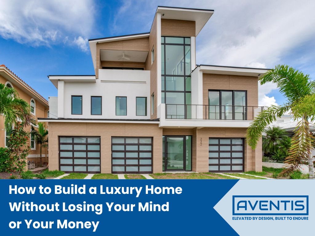 Modern multi-story luxury home with expansive glass windows, contemporary design, and landscaped front yard, illustrating a guide on building high-end custom homes without overspending.