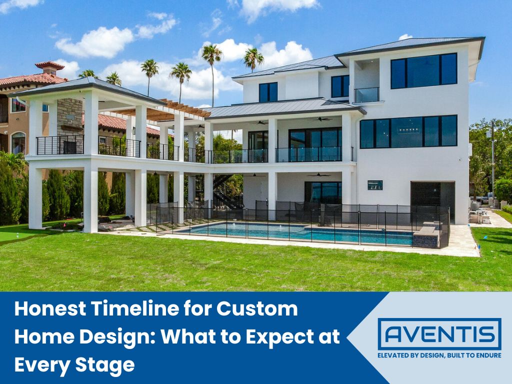 Modern custom home design featuring a luxurious multi-level structure with expansive windows and a pool, showcasing the honesty and clarity of the home design timeline at every stage.