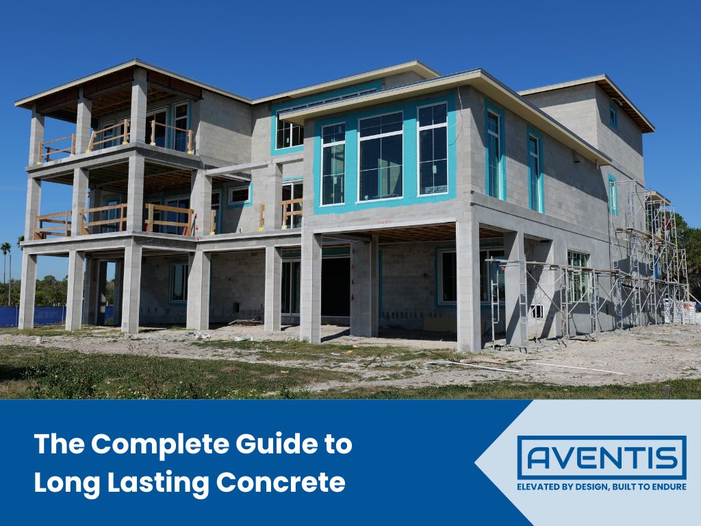 Modern elevated concrete home under construction with reinforced concrete framing, scaffolding, and multi-story architectural design featured in “The Complete Guide to Long Lasting Concrete” by Aventis, showcasing durable coastal residential construction and structural concrete building techniques.
