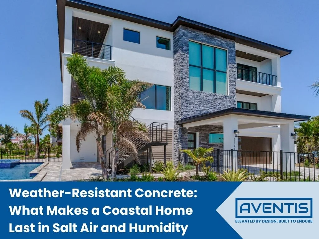 Coastal home exterior showcasing weather-resistant concrete construction.